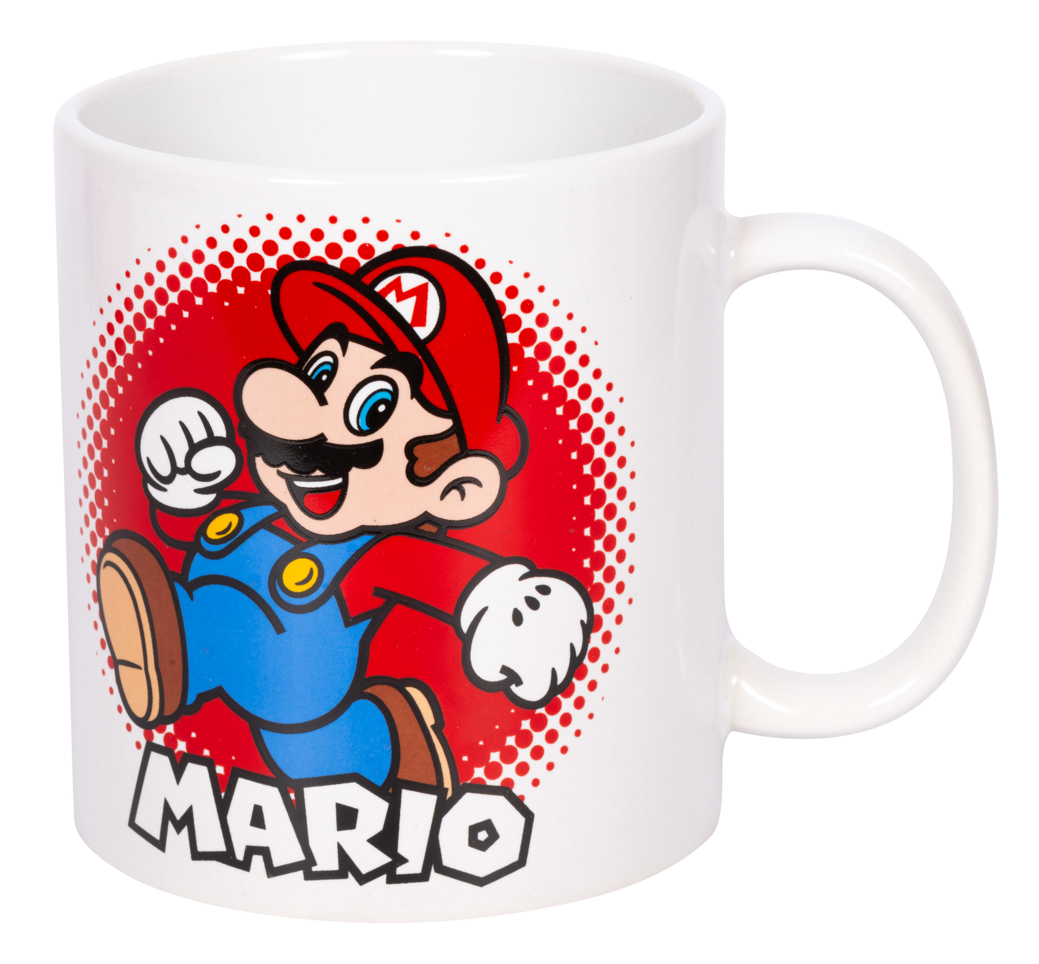 Weiße Tasse mit Mario und rotem Halbtonmuster.