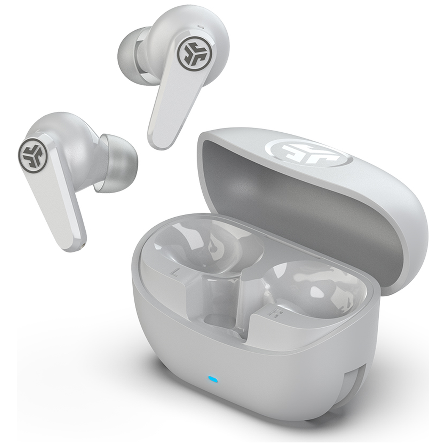 White wireless earbuds with charging case, white with logo.