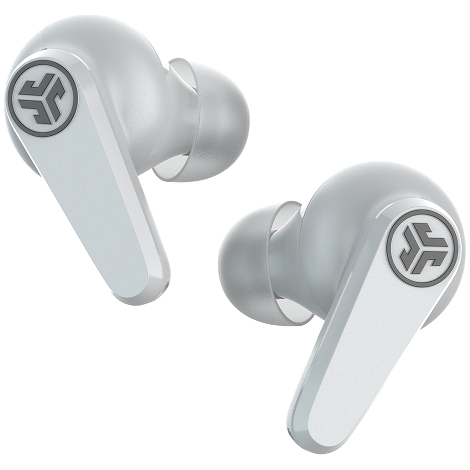 Two white wireless earbuds with gray logos on a white background.