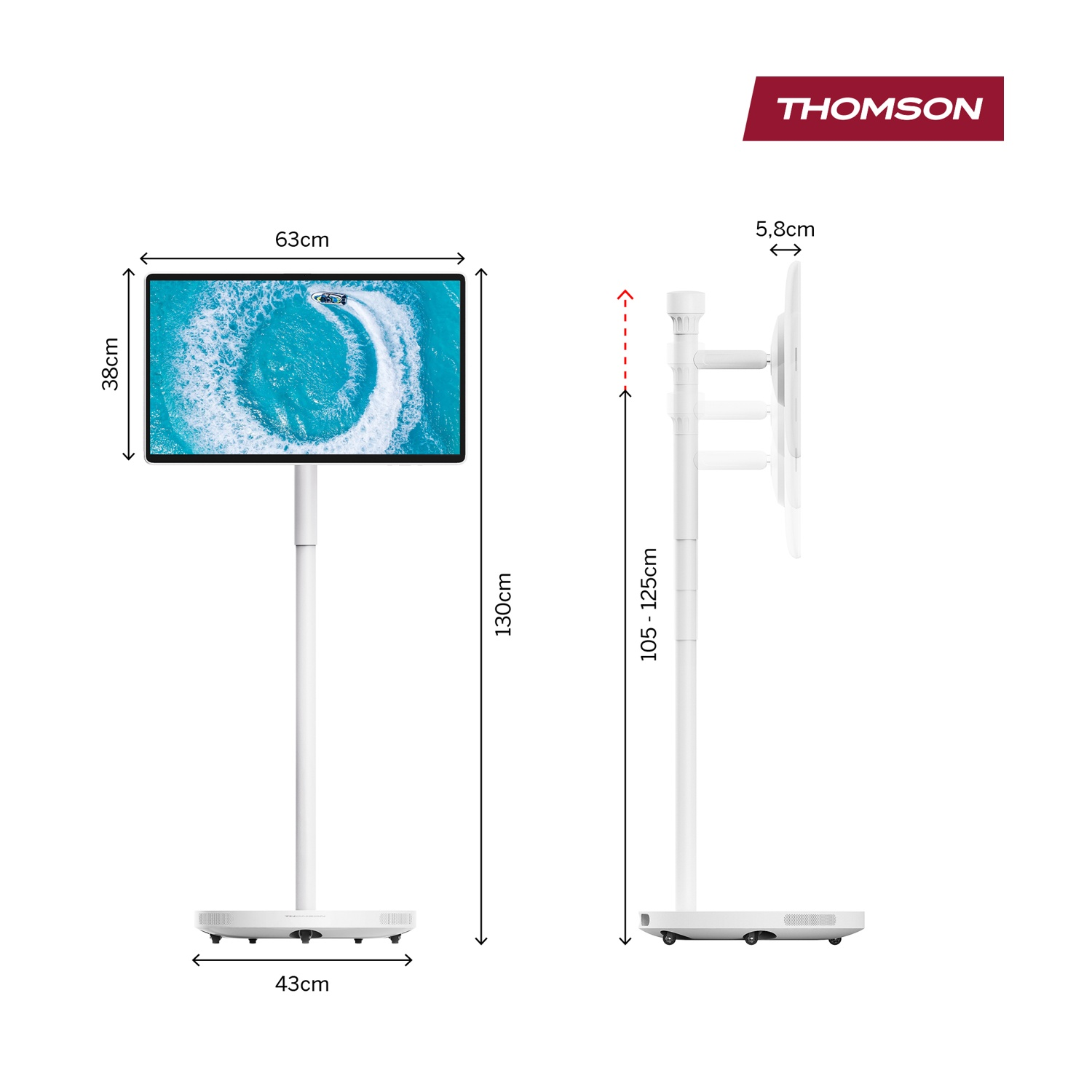 Supporto TV bianco su ruote, alto 130cm, schermo 63x38cm. Logo Thomson.