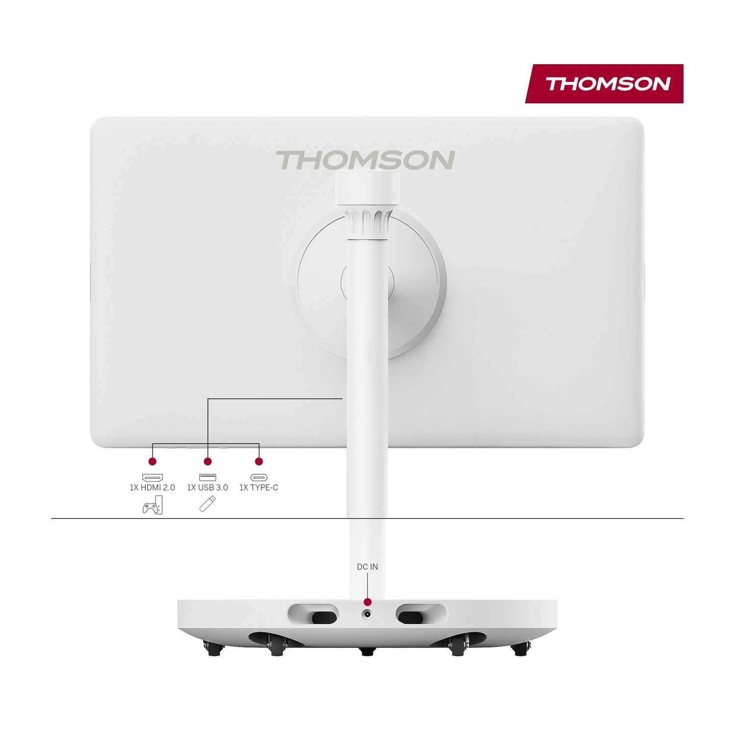 Retro di un monitor Thomson bianco con porte: HDMI, USB 3.0, USB-C e DC IN.