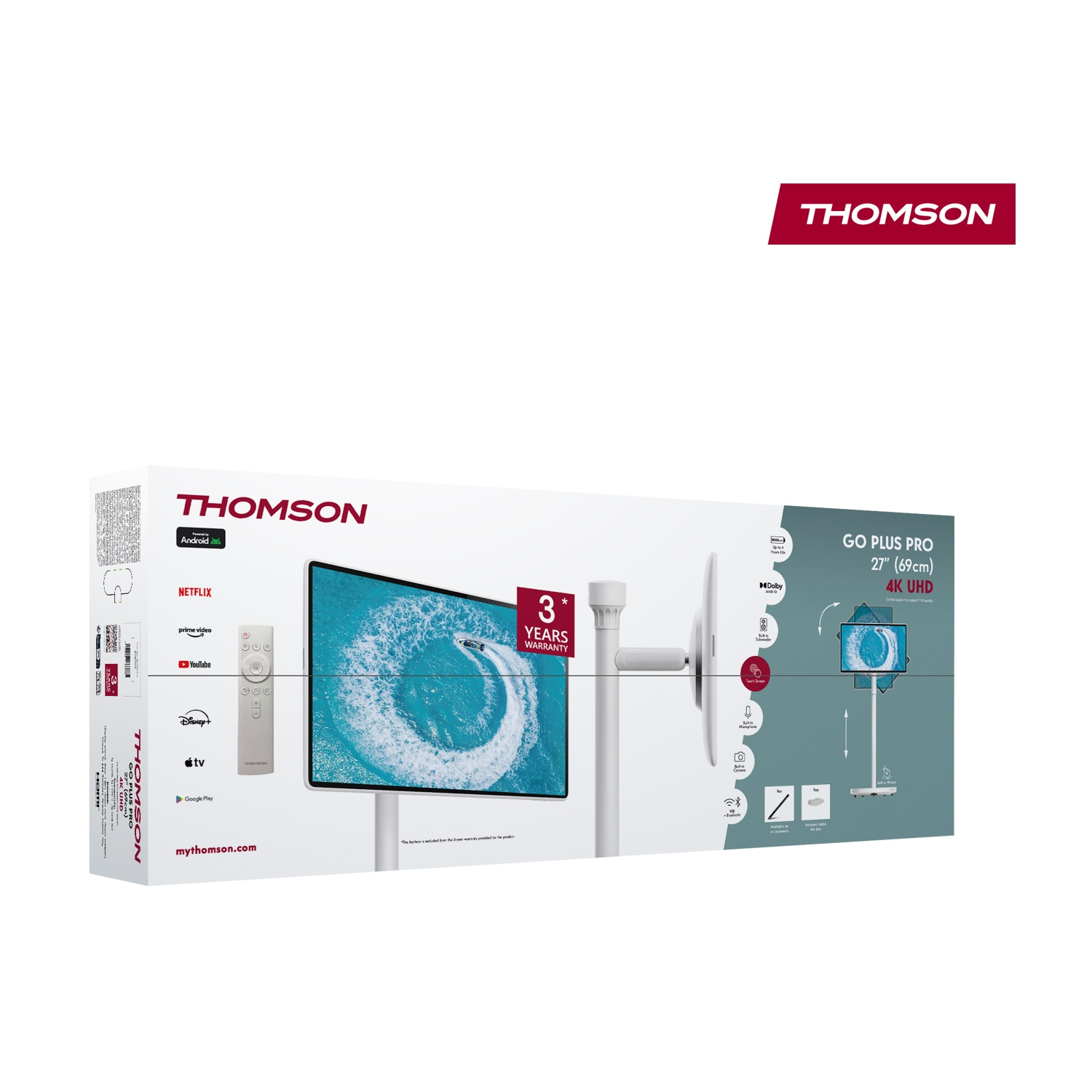 Box TV Thomson 4K UHD da 27 pollici con telecomando, app e garanzia.