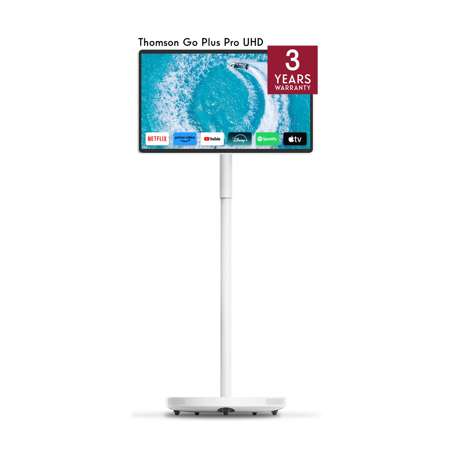 Un TV Thomson Go Plus Pro UHD su un supporto bianco con icone di app.
