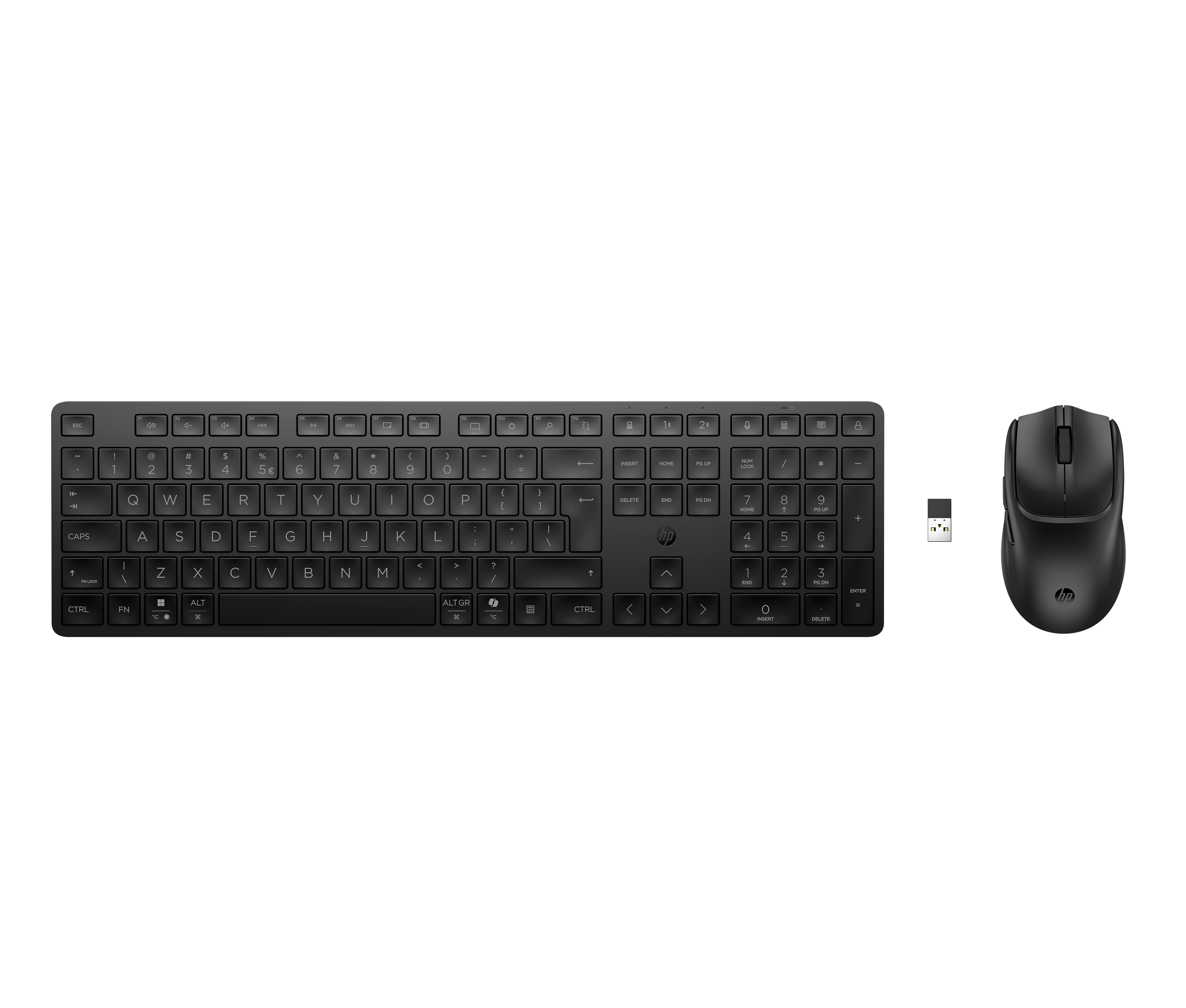 Schwarzes kabelloses HP Tastatur- und Mausset auf schwarzem Hintergrund. USB-Empfänger enthalten.