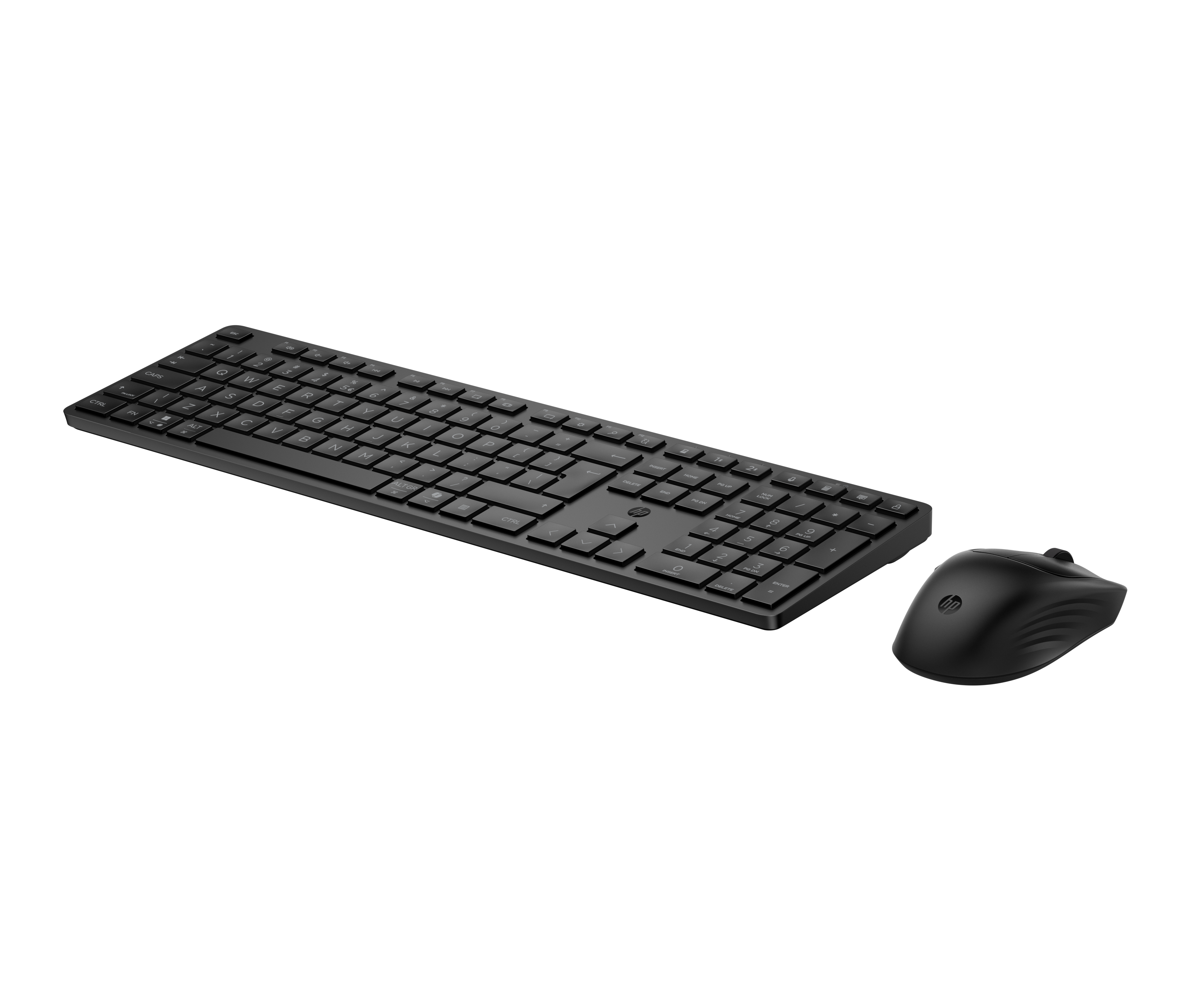 Ein schwarzes HP Tastatur- und Maus-Set auf schwarzem Hintergrund.