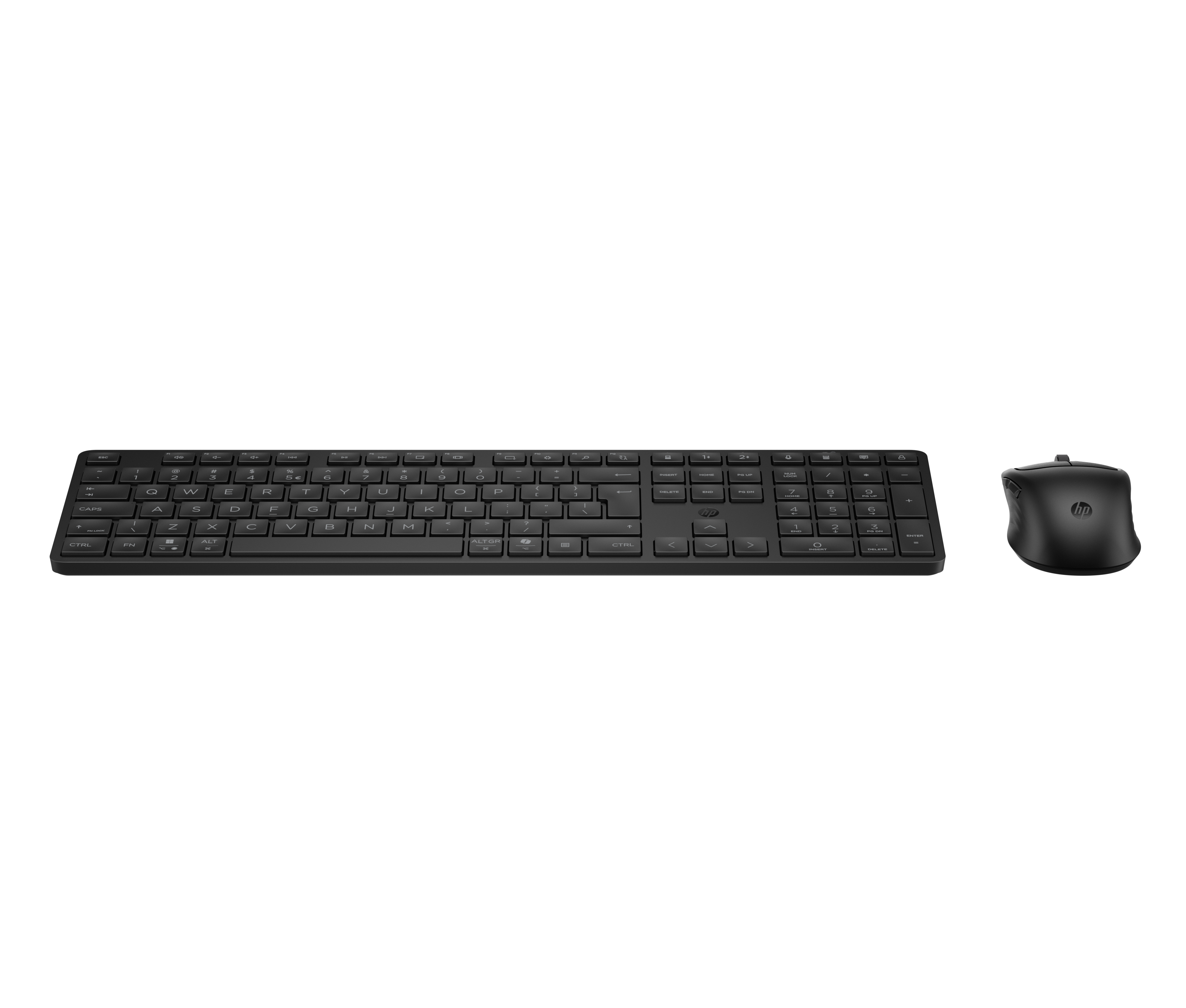 Schwarze HP Tastatur und Maus auf schwarzem Hintergrund.