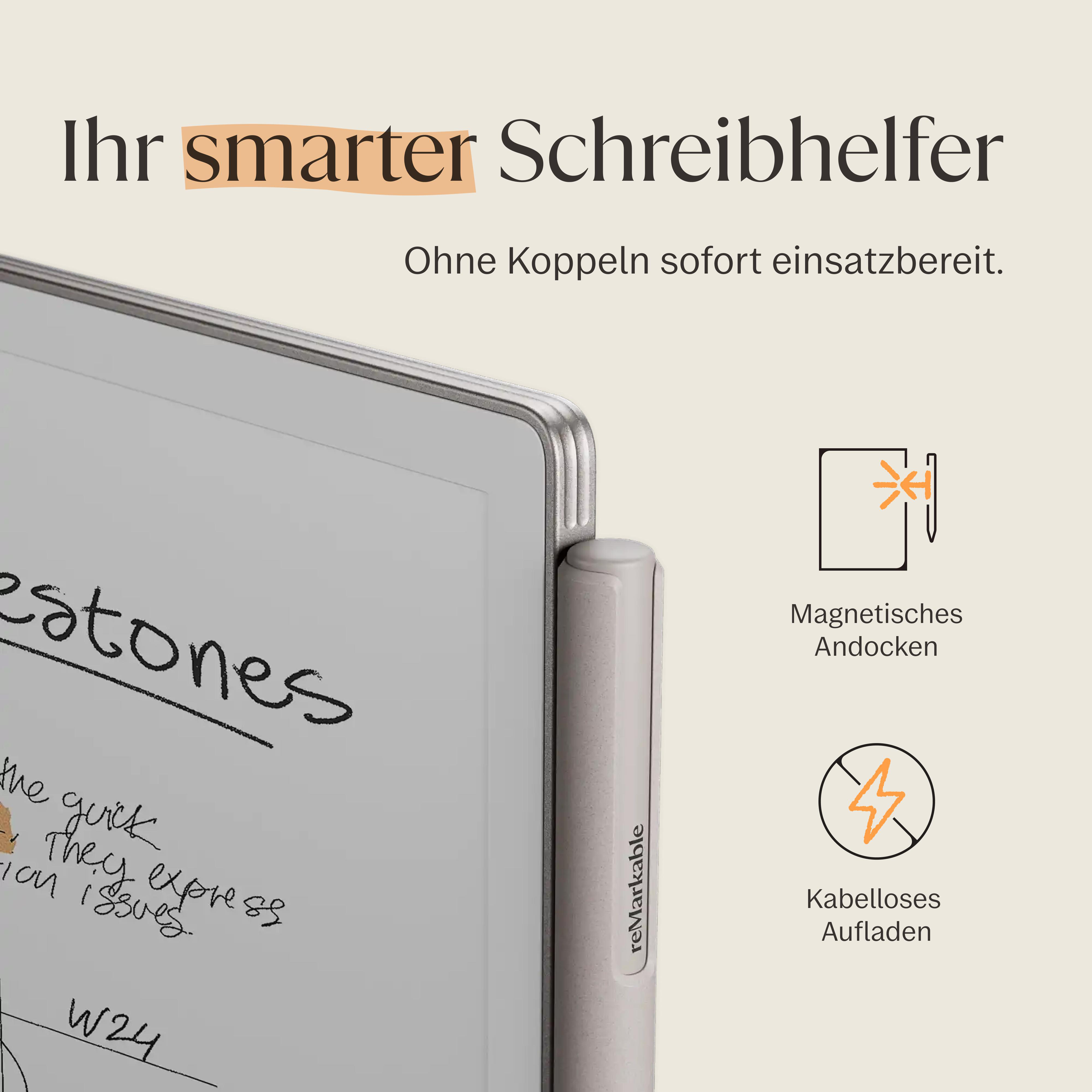 Ein Tablet mit Stift und Texten wie "estones". Magnetisches Andocken & kabelloses Aufladen.