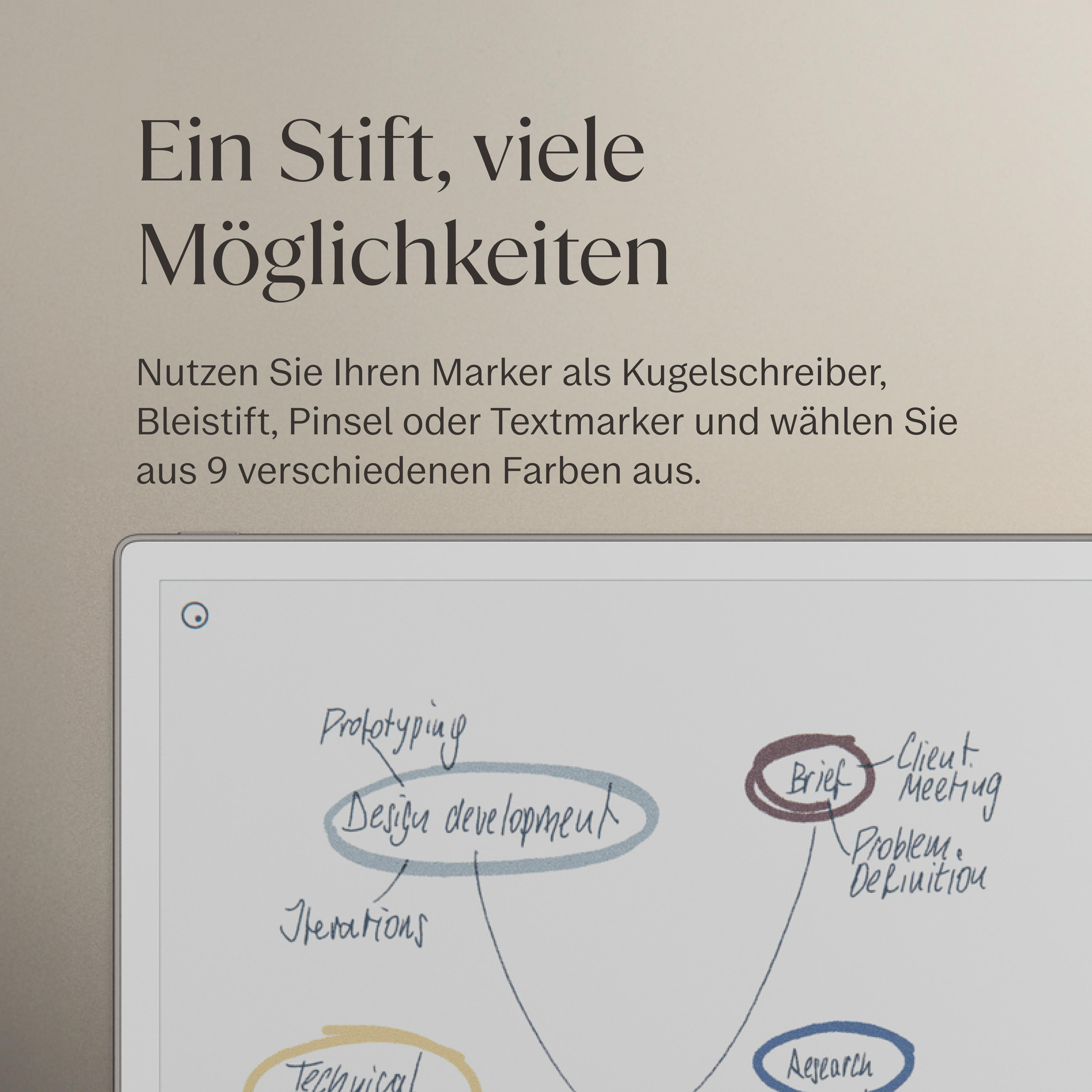 Ein Stift mit vielen Möglichkeiten, der als Kugelschreiber, Bleistift oder Textmarker dient.