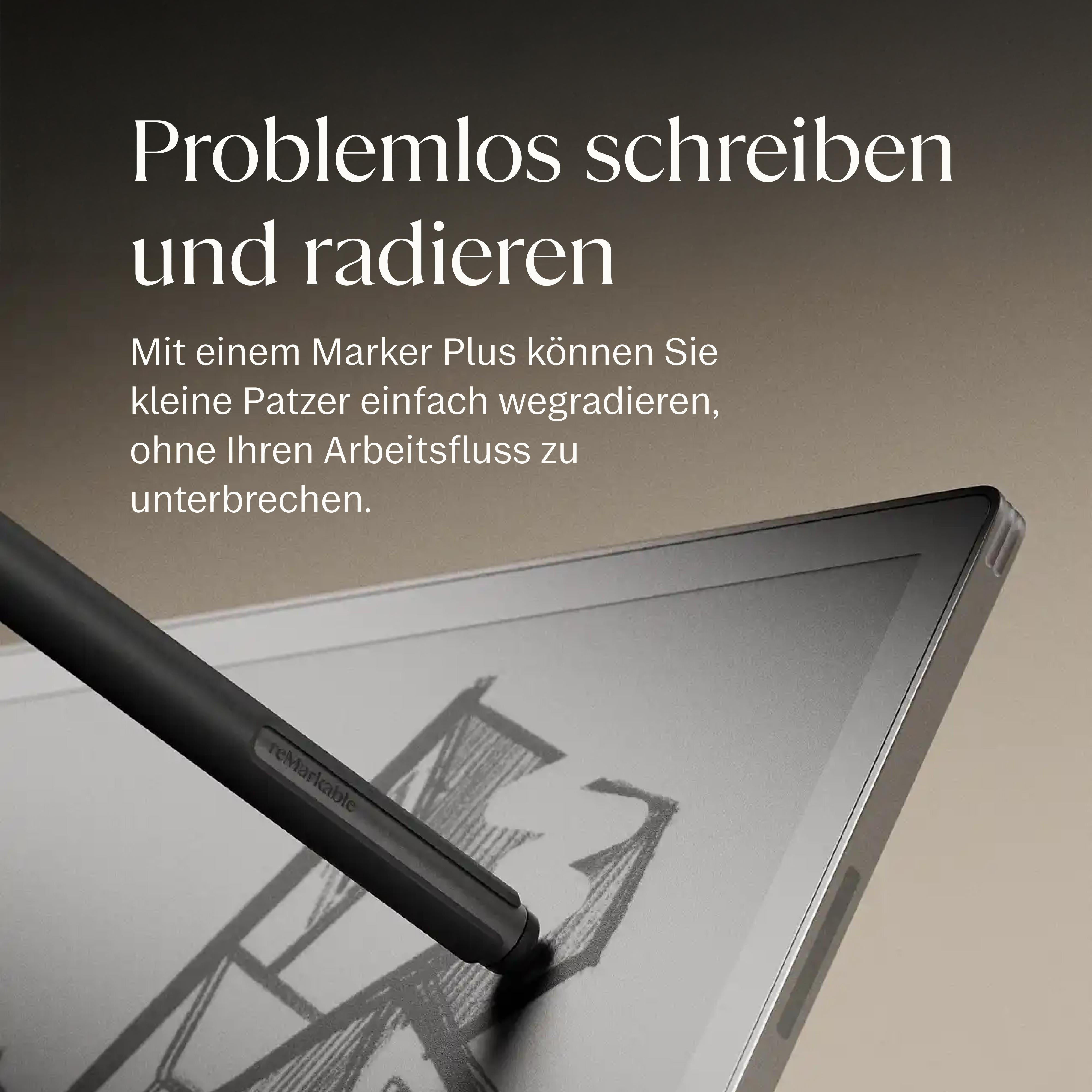 Ein schwarzer Stiftradiert auf einem E-Reader mit einer Skizze.
