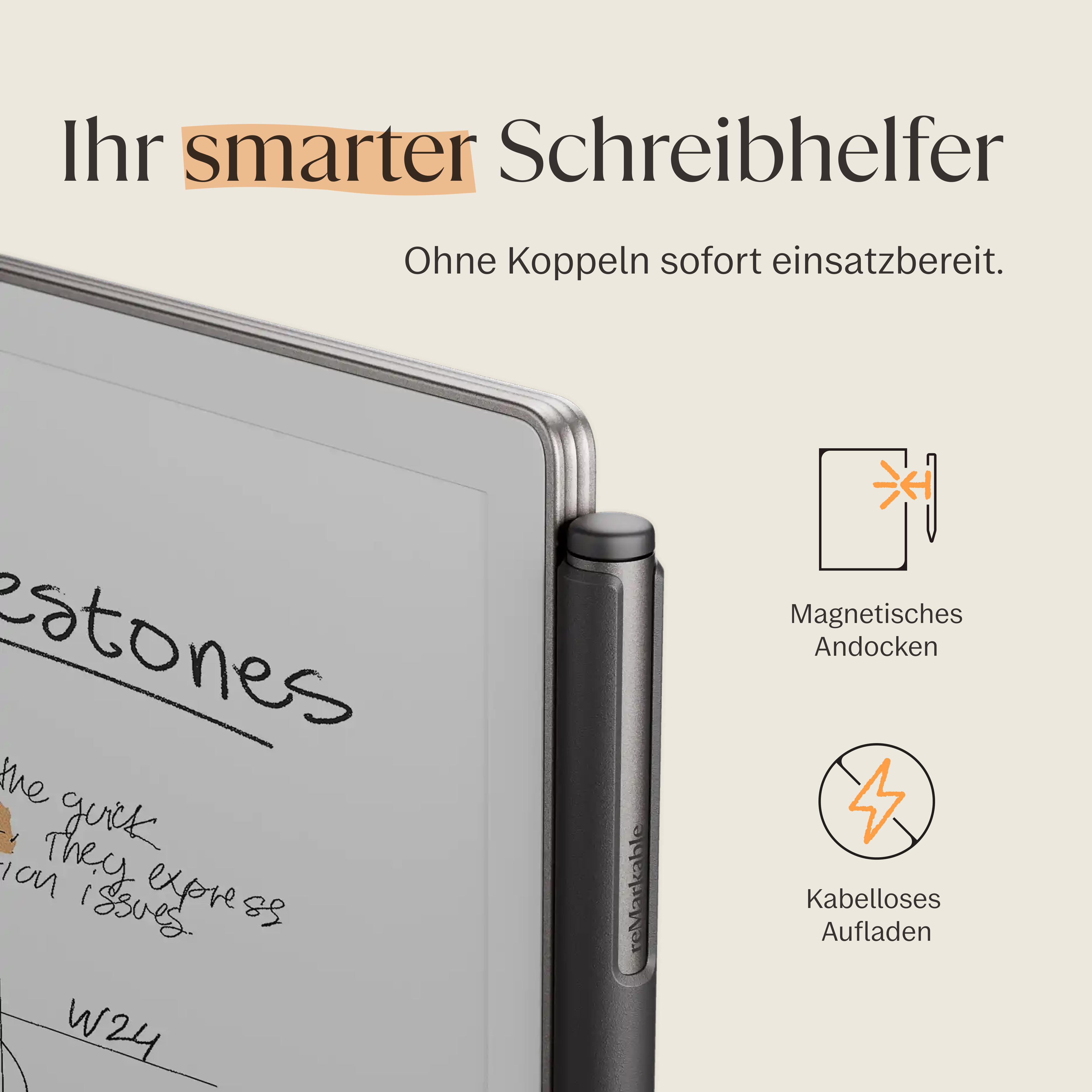 Ein Tablet mit Stift, das magnetisch lädt und sofort einsatzbereit ist.
