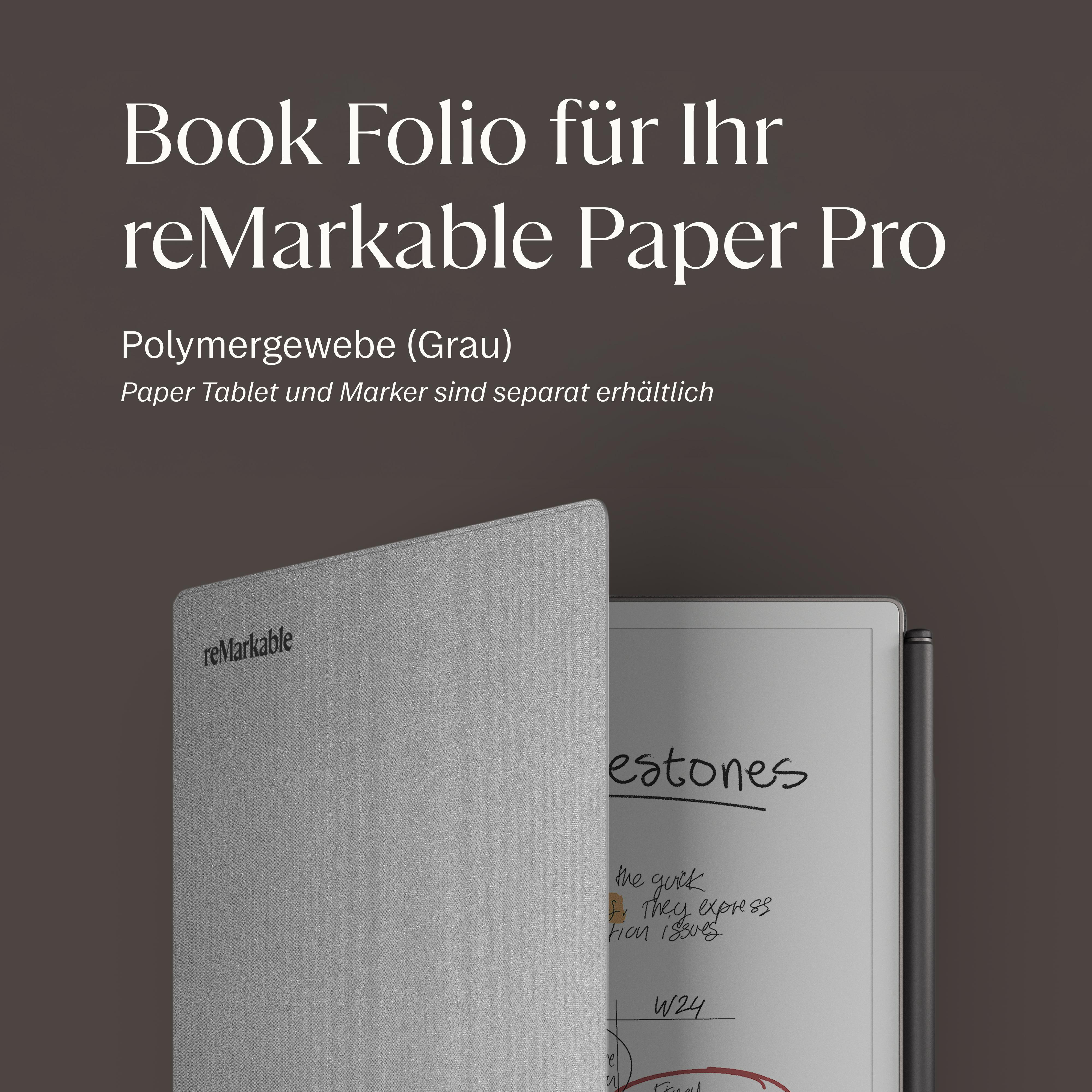 Graues Buch-Folio für reMarkable Paper Pro mit sichtbarem Tablet.