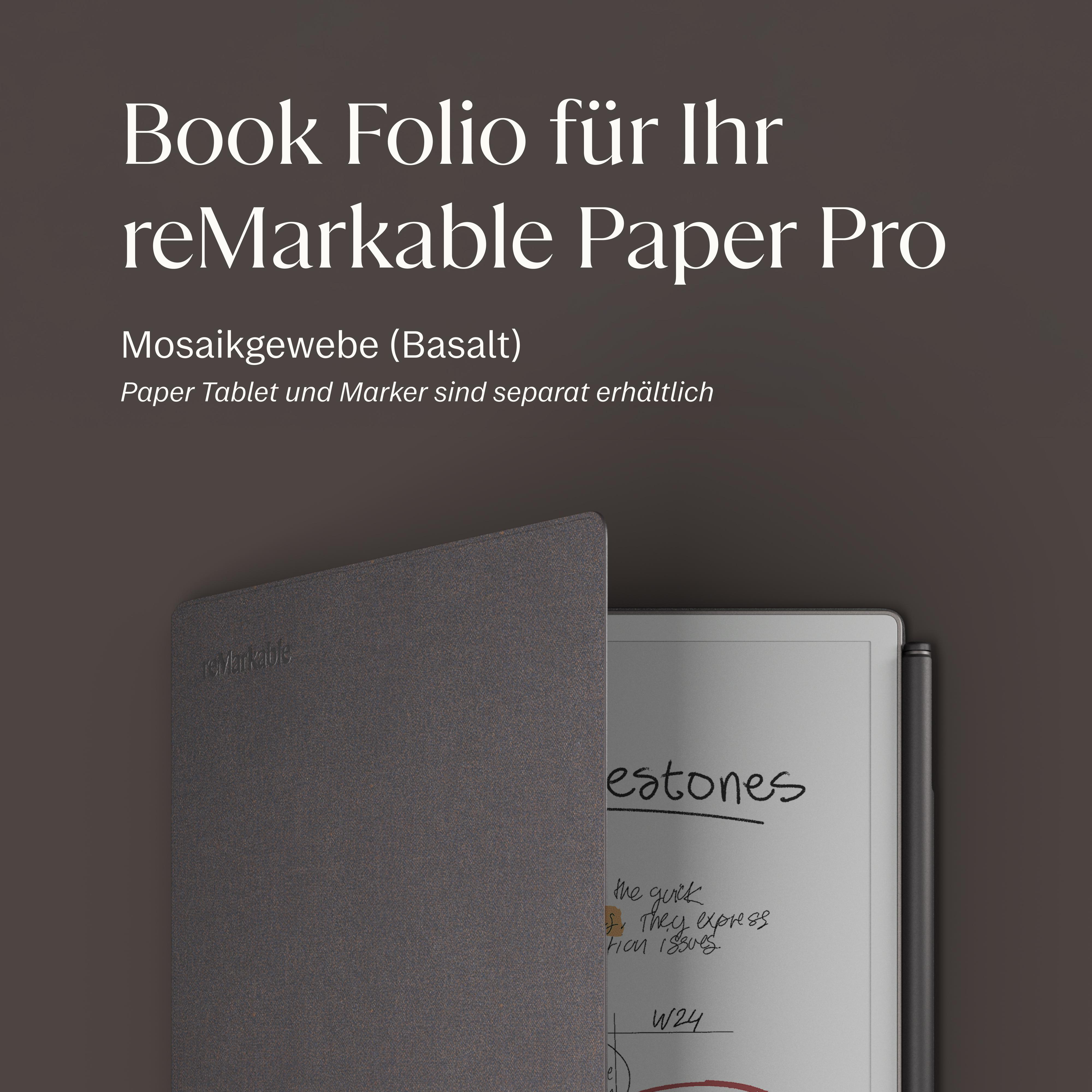 Ein graues reMarkable Buch-Portfolio mit einem geöffneten Tablet, das Notizen zeigt.