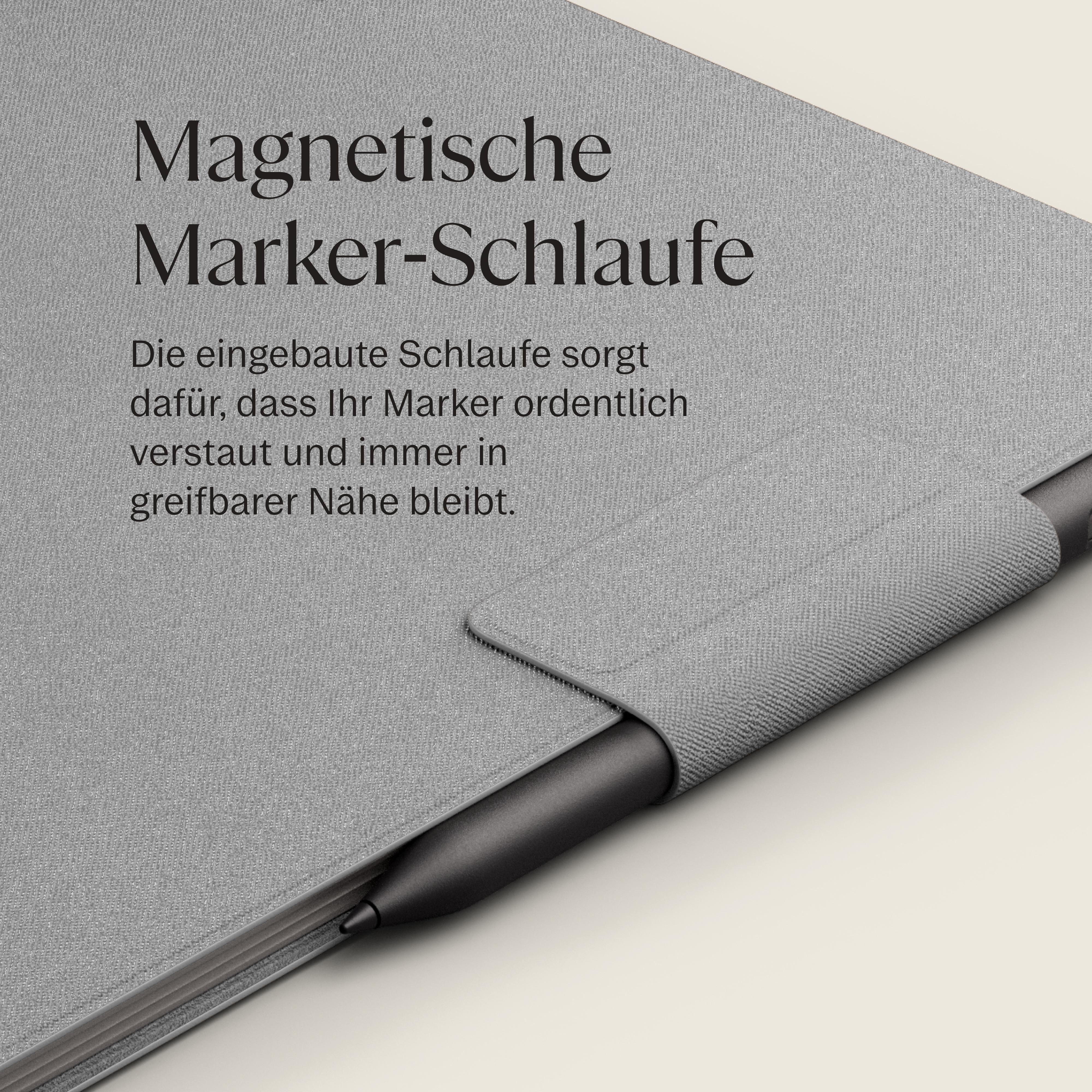 Graues Notizbuch mit Magnet-Markerhalterung und schwarzem Stift.