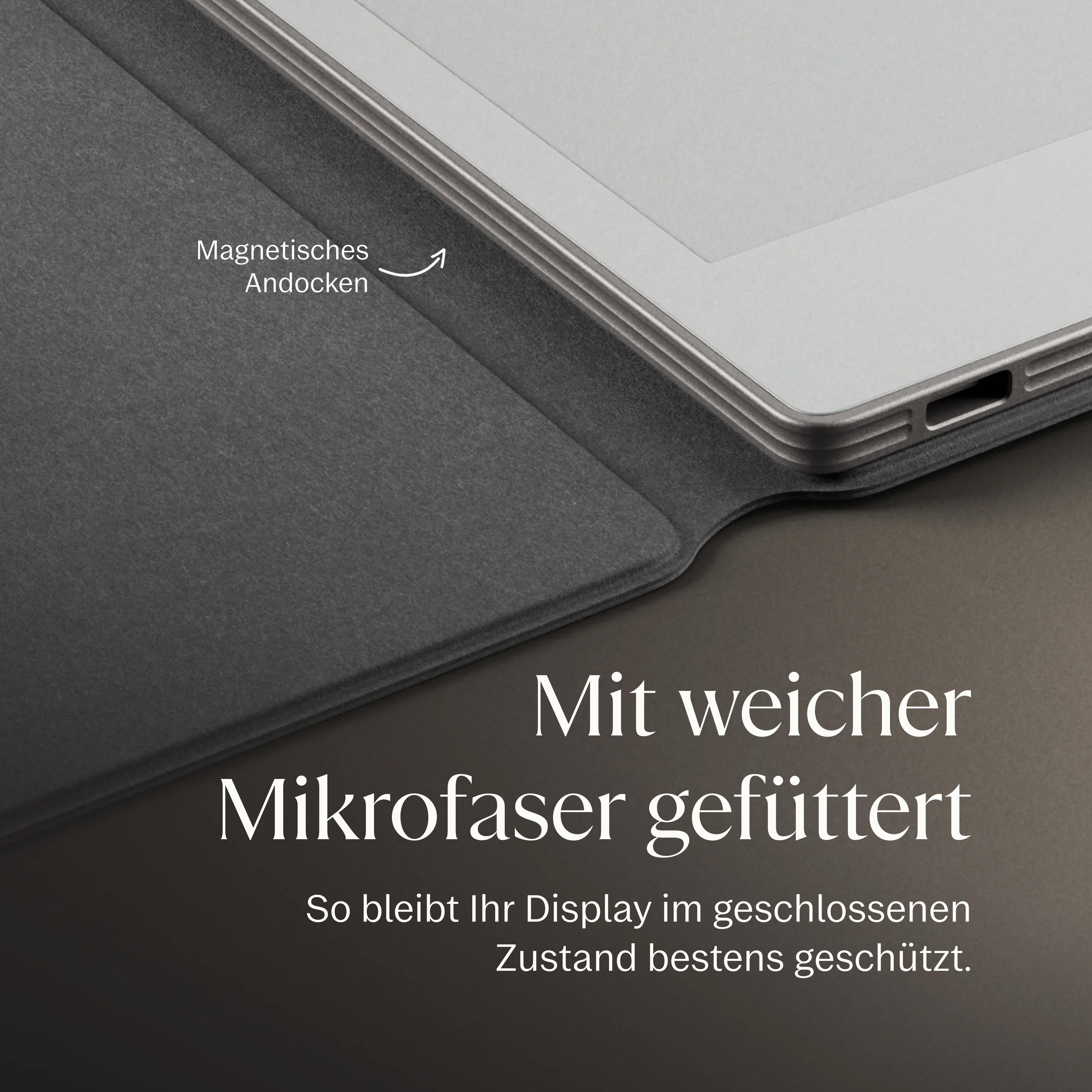 Graues Kindle-Case mit Mikrofaserfutter. Magnetisches Andocken.