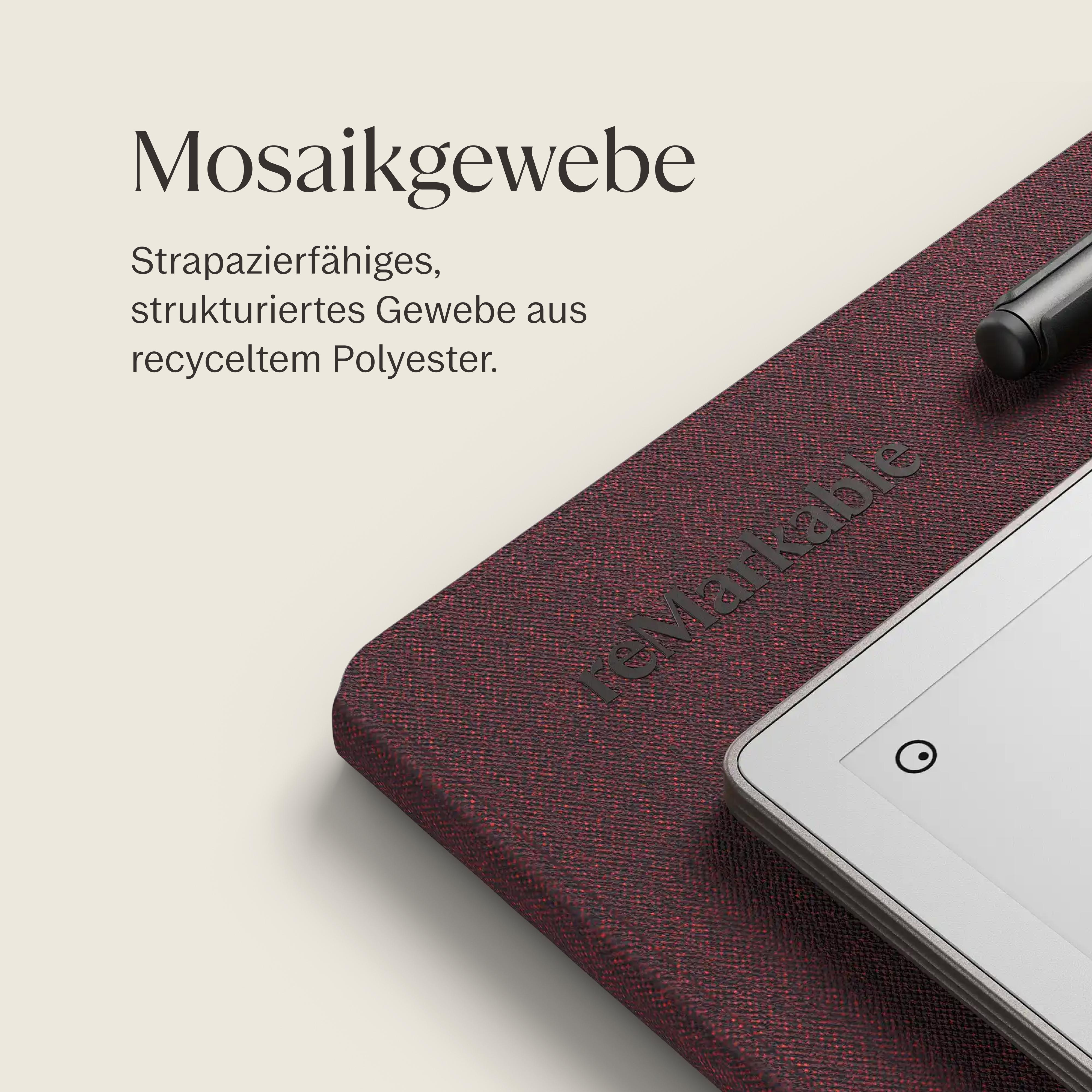 Rotes Mosaikgewebe-Cover mit Remarkable-Logo, Stift und Tablet.