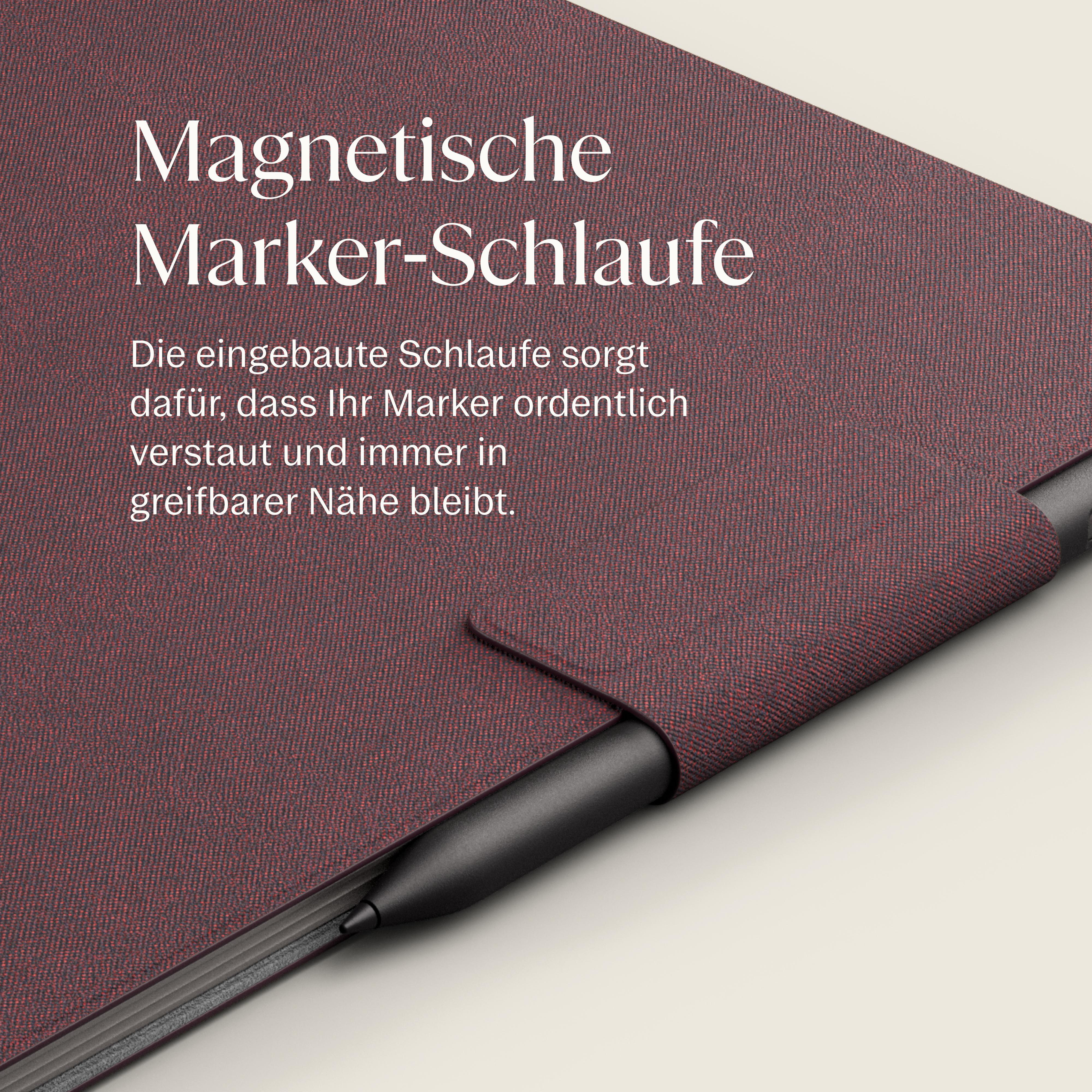 Roter Stoff mit Stift-Schlaufe und Text: Magnetische Marker-Schlaufe.