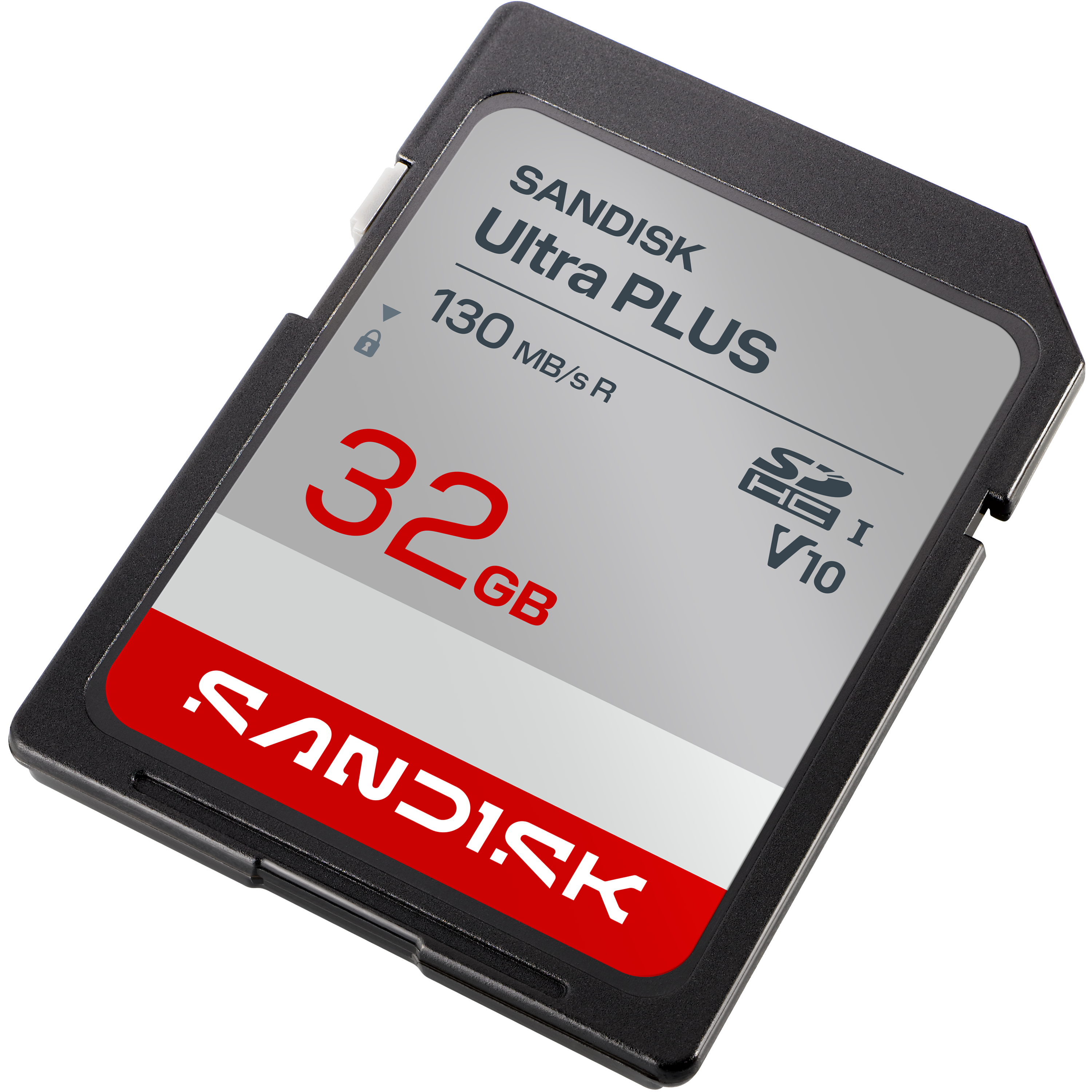 Sandisk Ultra Plus 32GB SD Karte mit roten und grauen Details auf schwarzem Hintergrund.