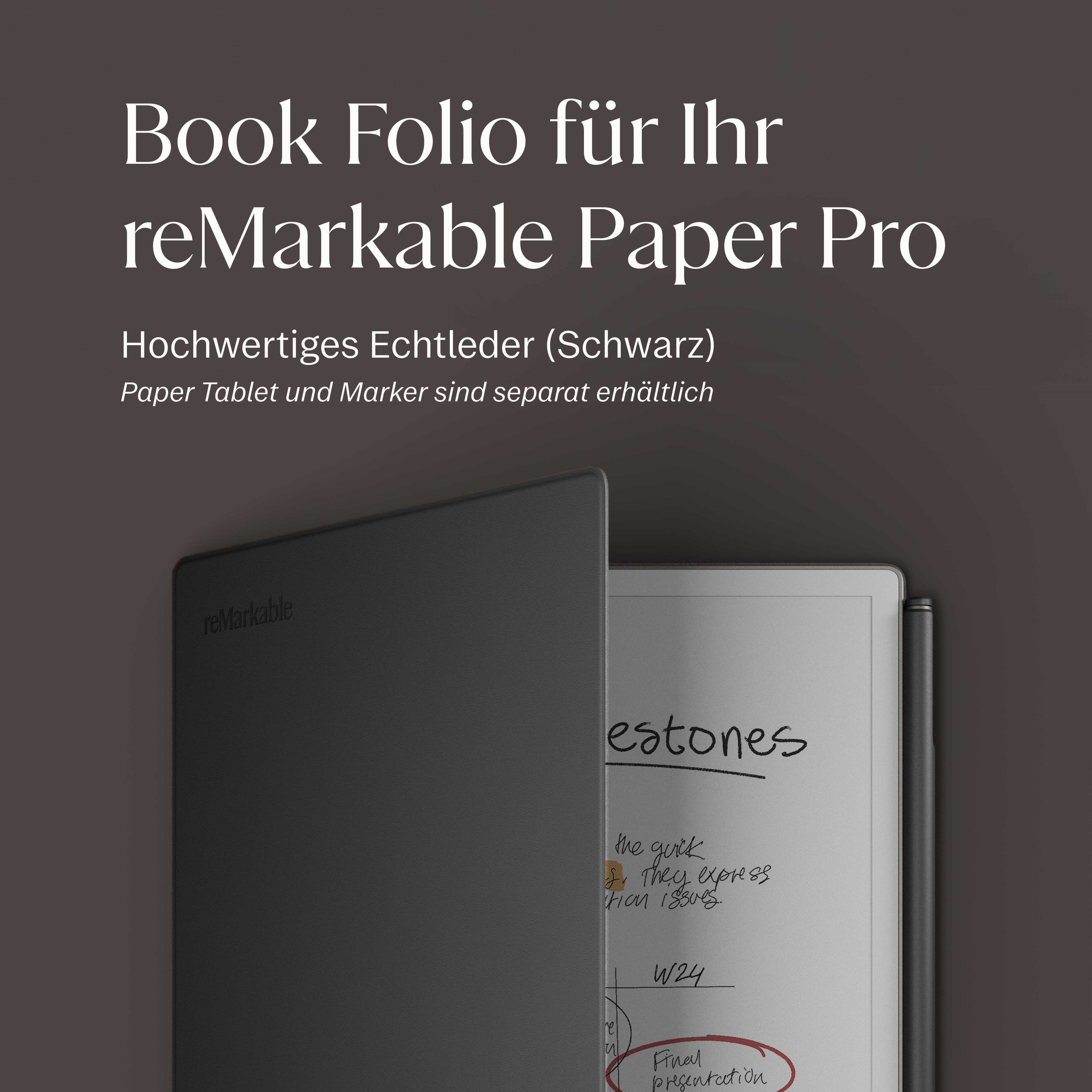 Schwarzes Leder-Folio mit reMarkable Tablet und Notizen.