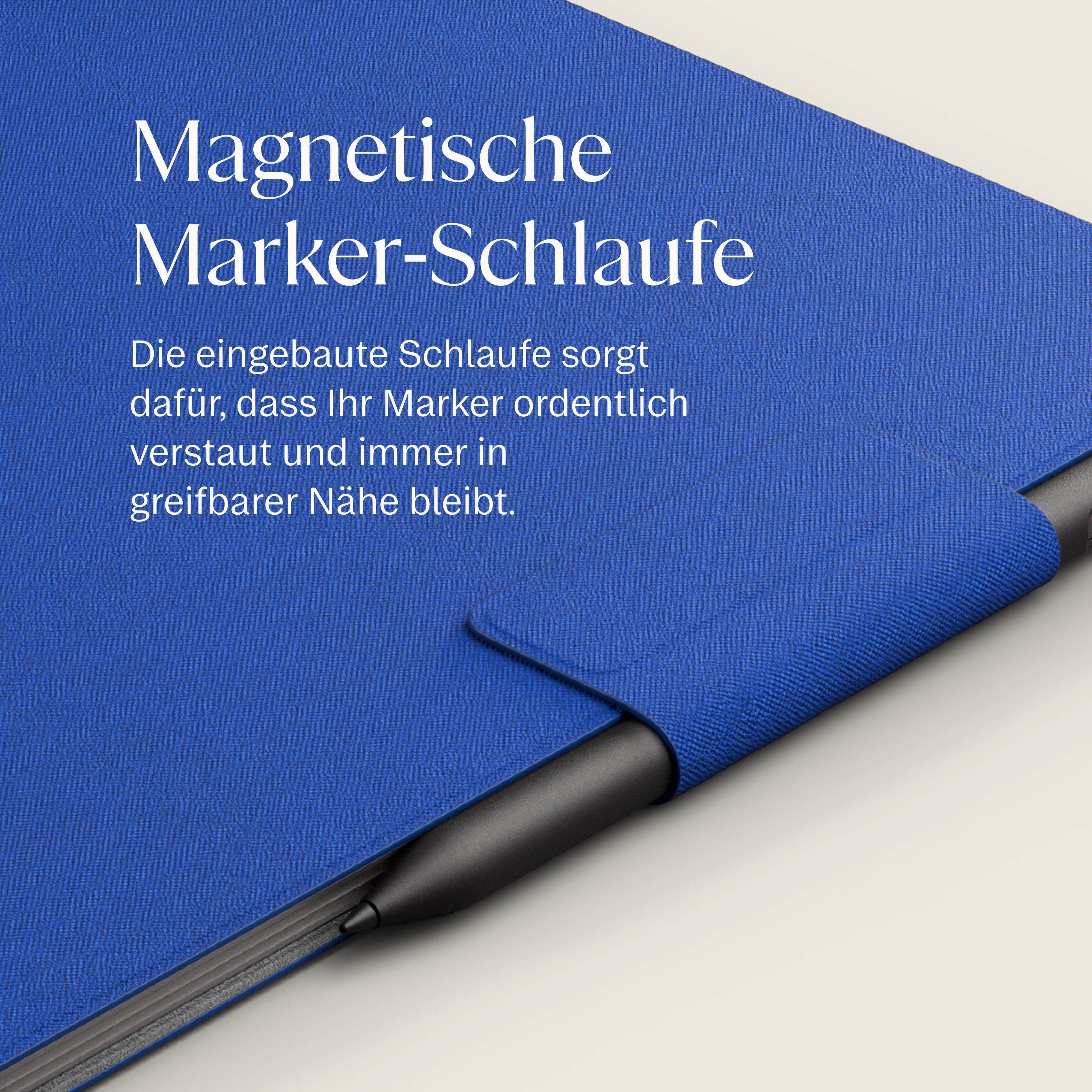 Blaue Hülle mit magnetischer Marker-Schlaufe und schwarzem Stift.