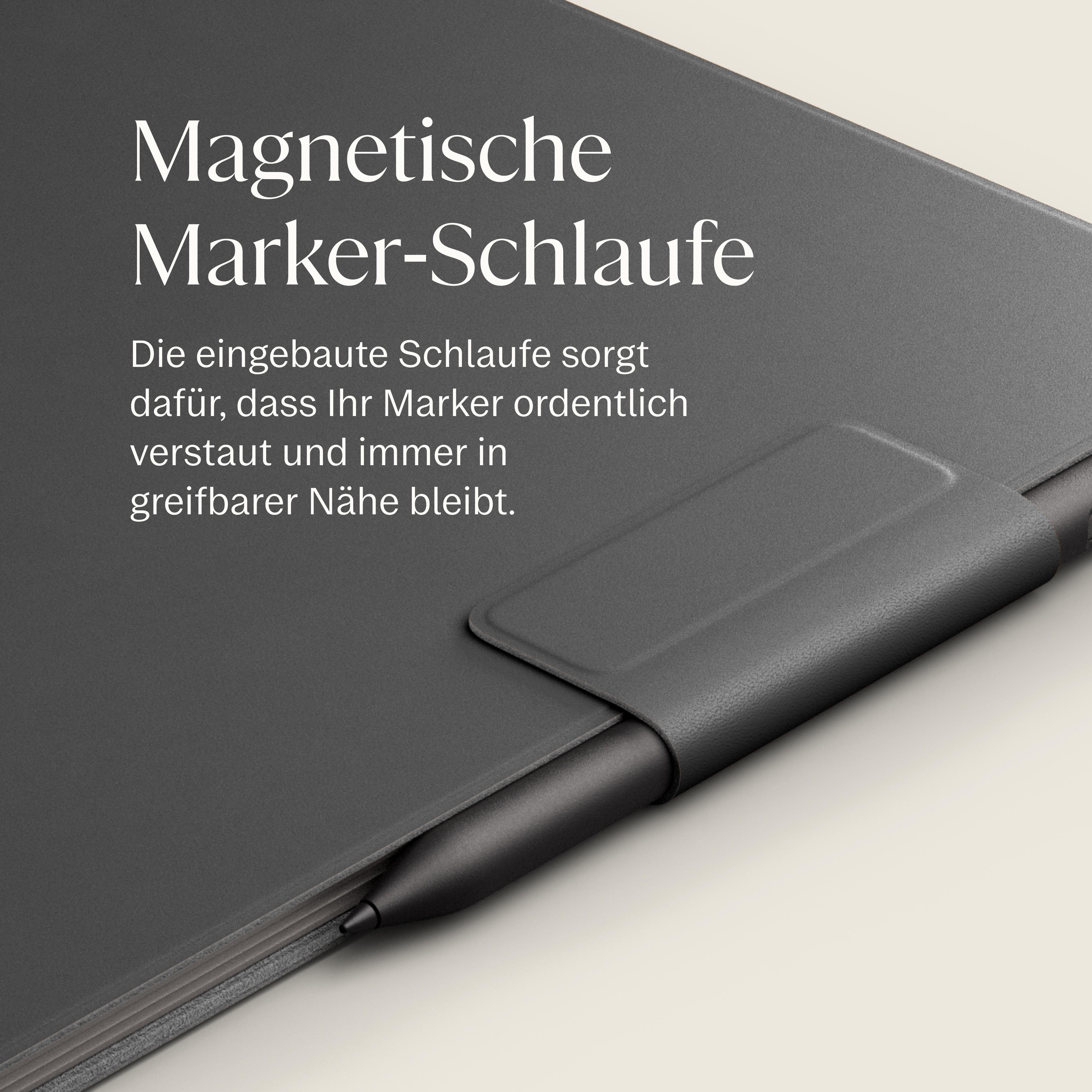 Dunkelgraue Hülle mit integrierter magnetischer Markerhalterung und Stift.