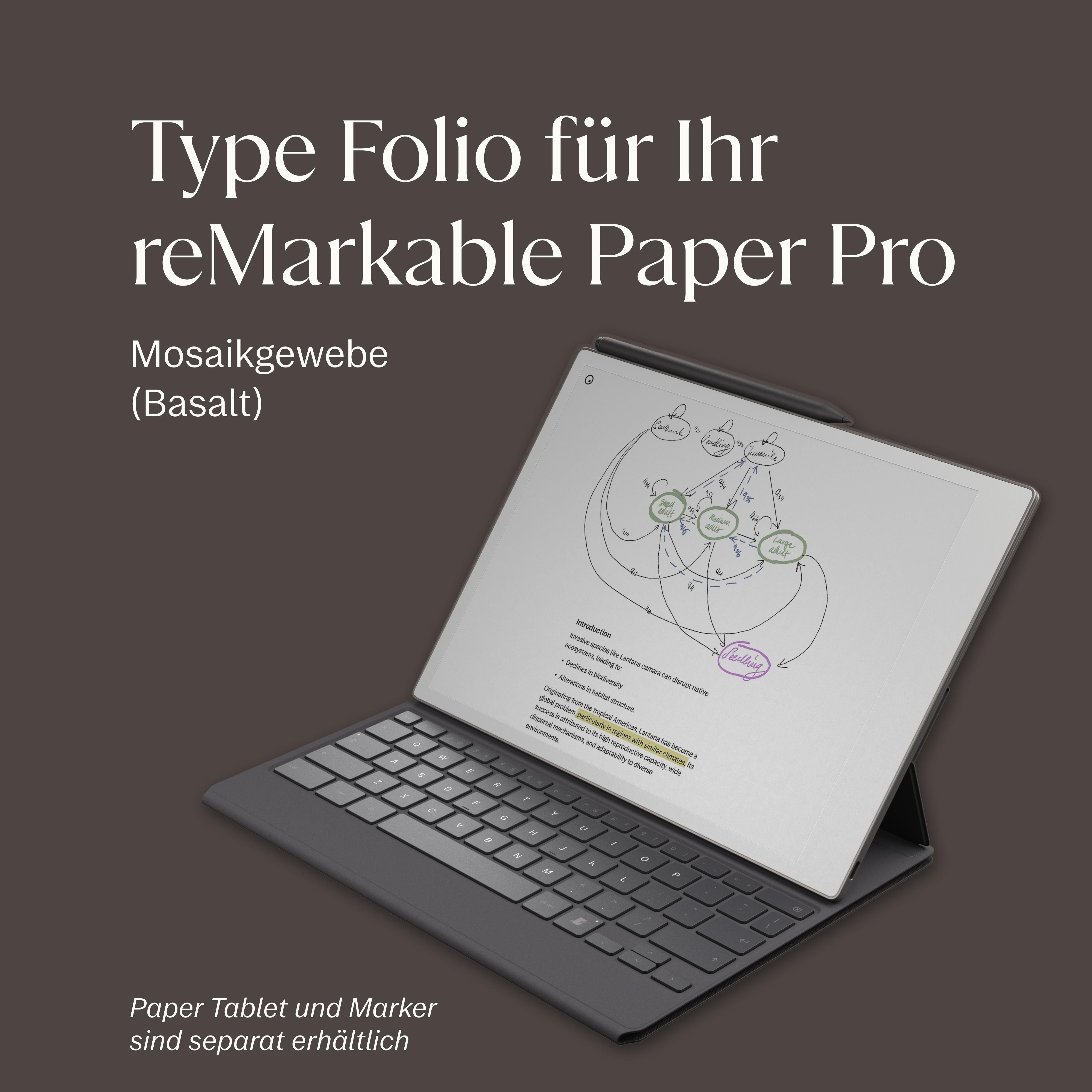 Ein reMarkable Paper Pro Tablet mit Tastatur und einem Stift, das Notizen zeigt.