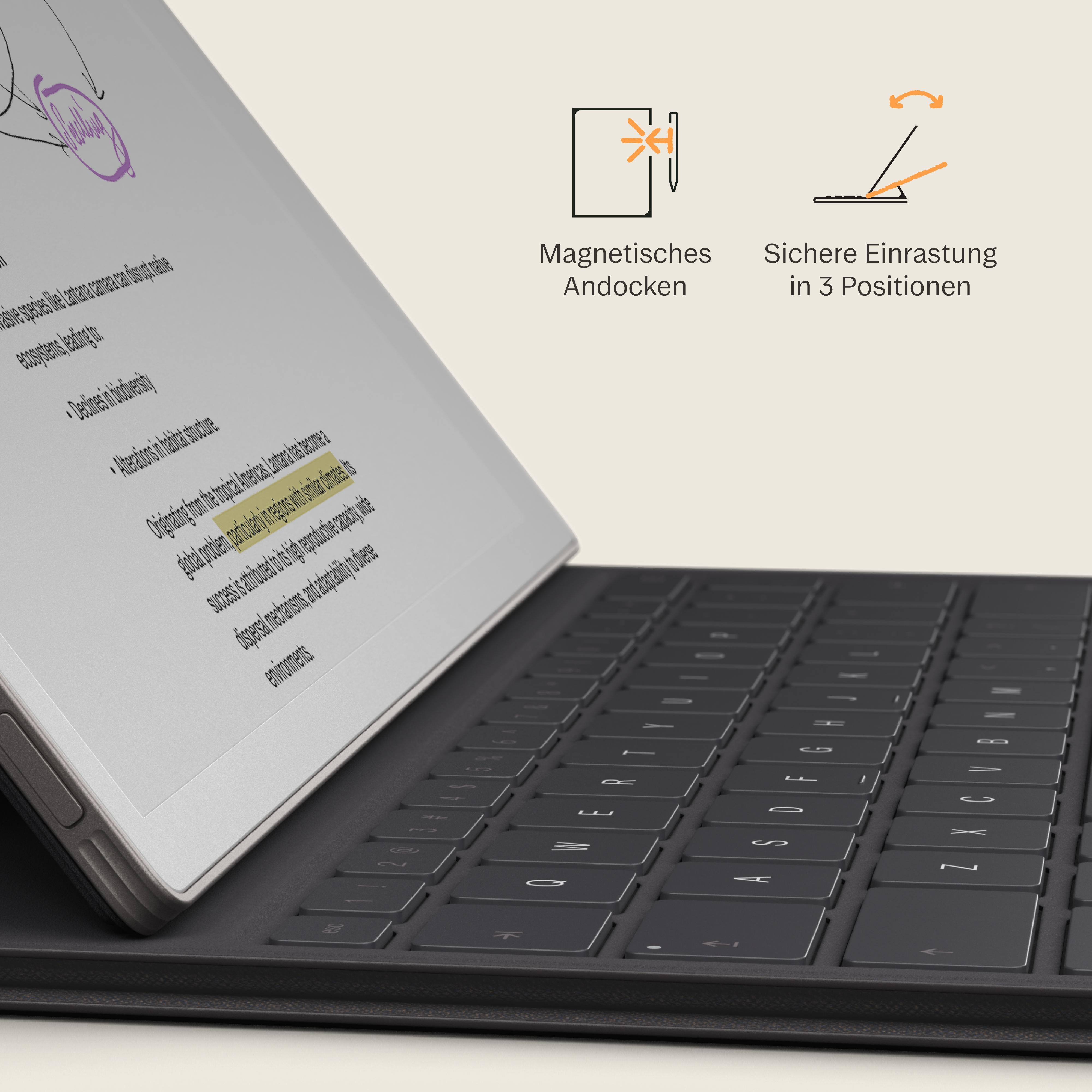 Ein Tablet mit Tastatur und Text darauf. Icons zeigen magnetisches Andocken und sichere Einrastung.