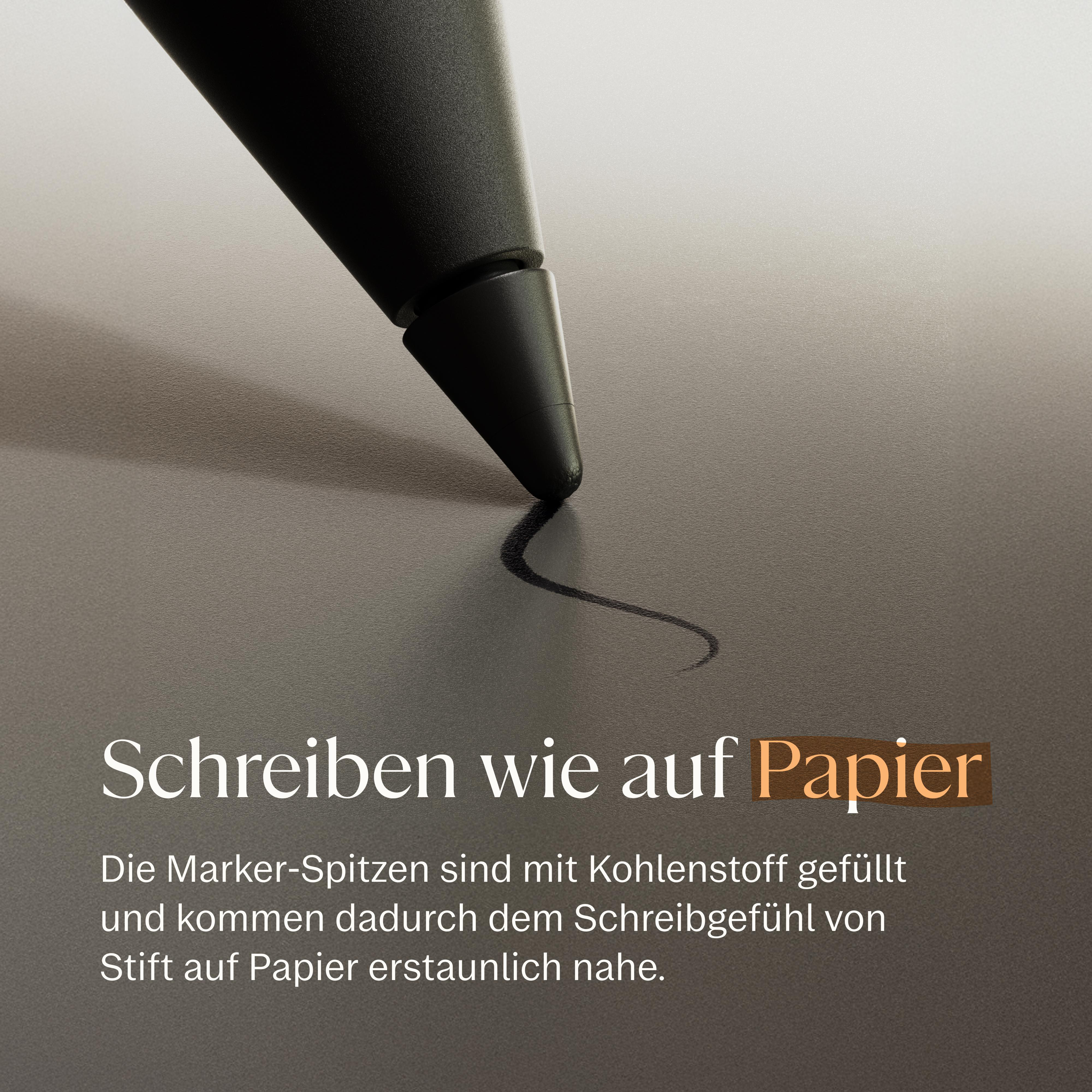 Ein schwarzer Stift schreibt eine Kurve auf graues Papier. Text im Bild.