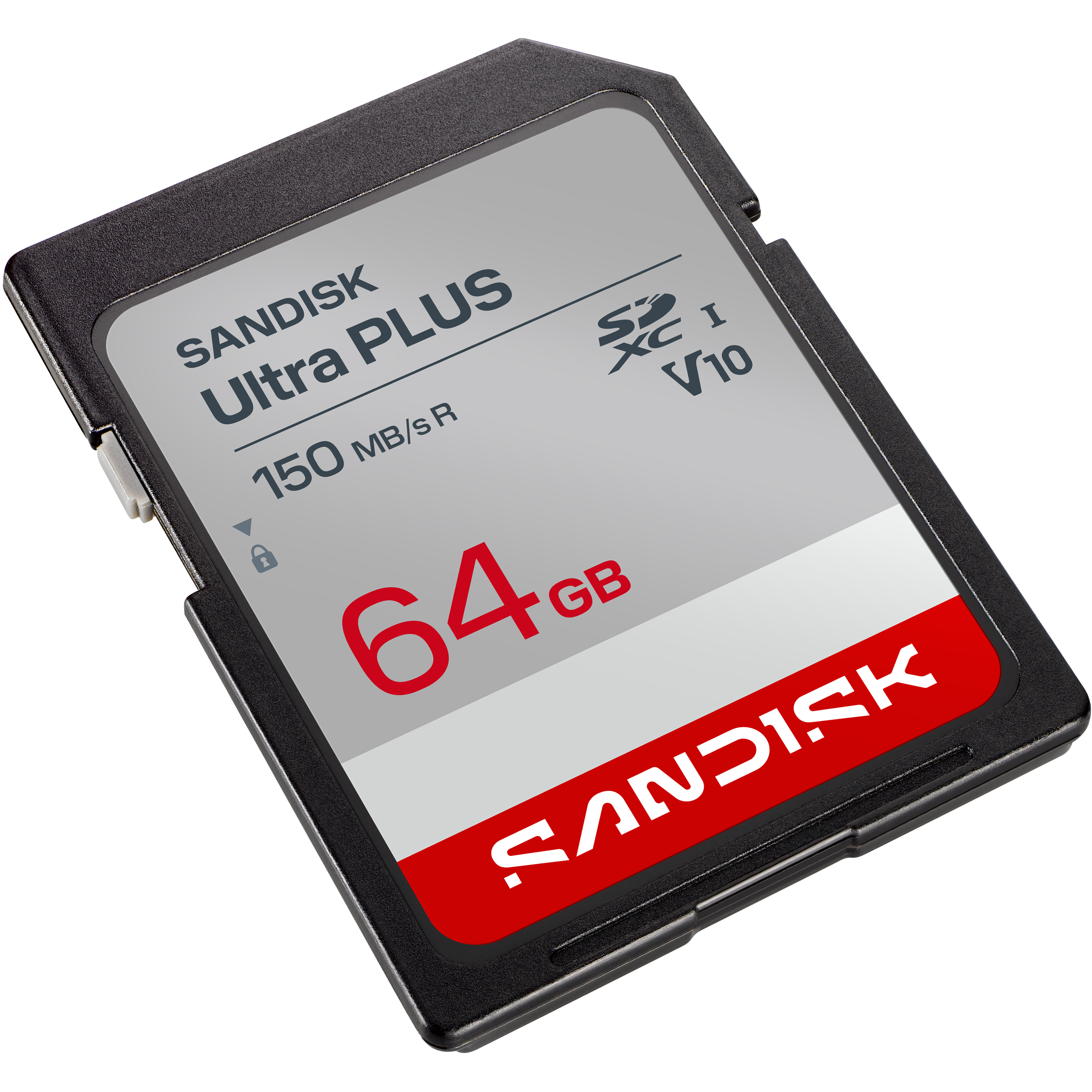 Sandisk Ultra Plus 64GB SDXC Speicherkarte mit rotem Sandisk Logo.