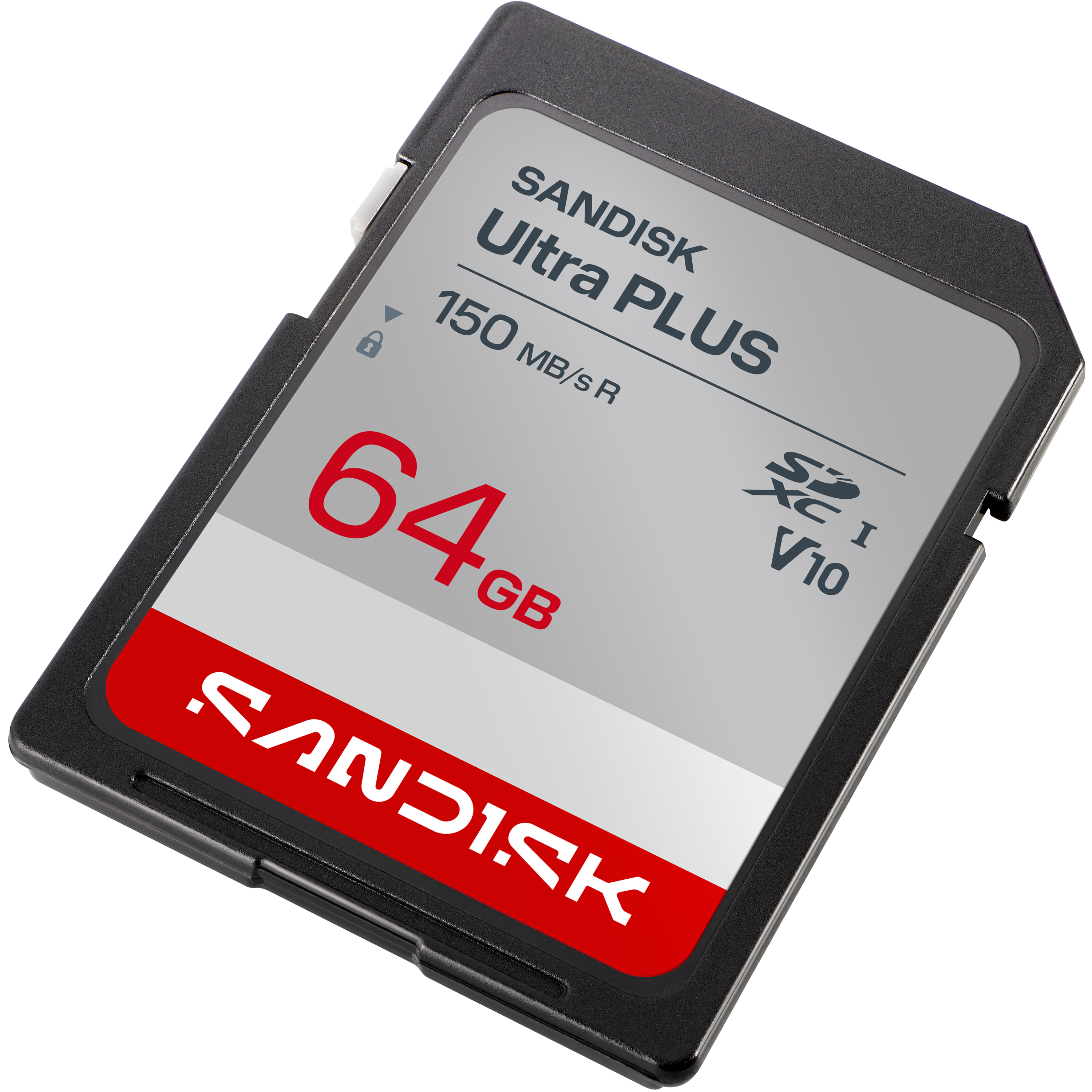 Sandisk Ultra Plus 64GB SDXC Karte mit schwarzem Gehäuse und rotem Streifen.