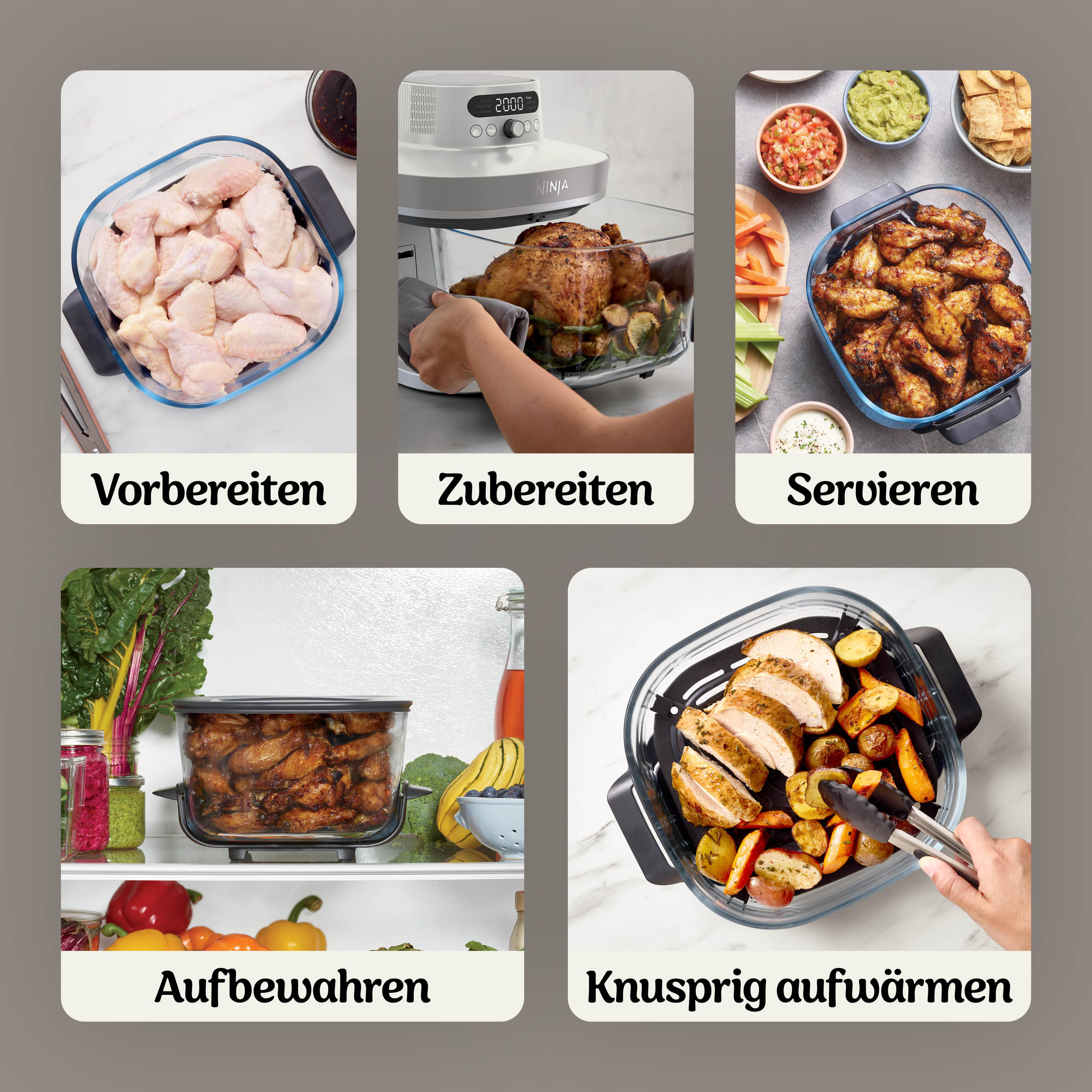Fünf Schritte: rohe Hähnchenflügel, ein Brathähnchen, servierfertige Flügel, Wings im Kühlschrank, aufgewärmtes Hähnchen.