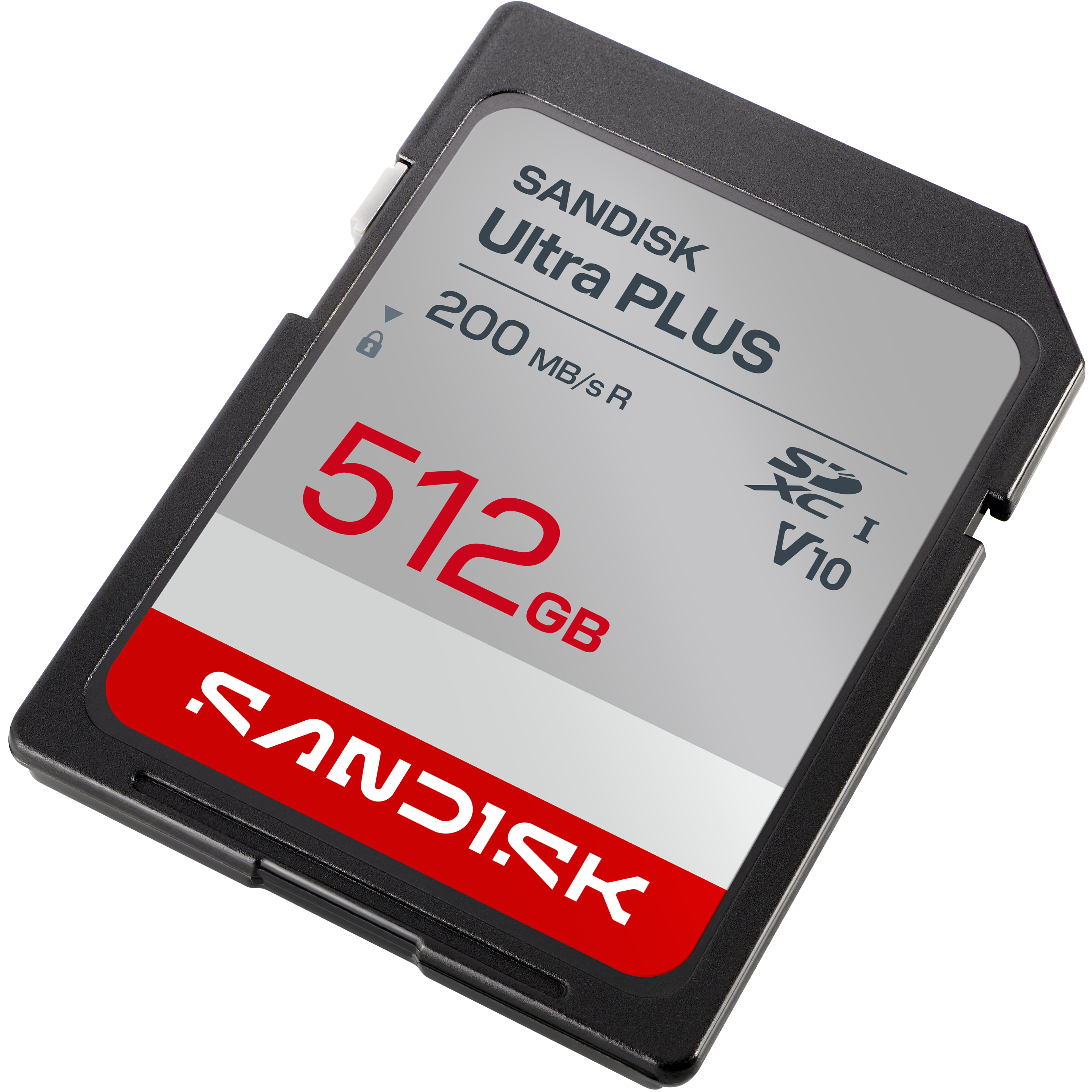 Sandisk Ultra Plus 512GB SD-Karte mit schwarzem Gehäuse und rotem Band.