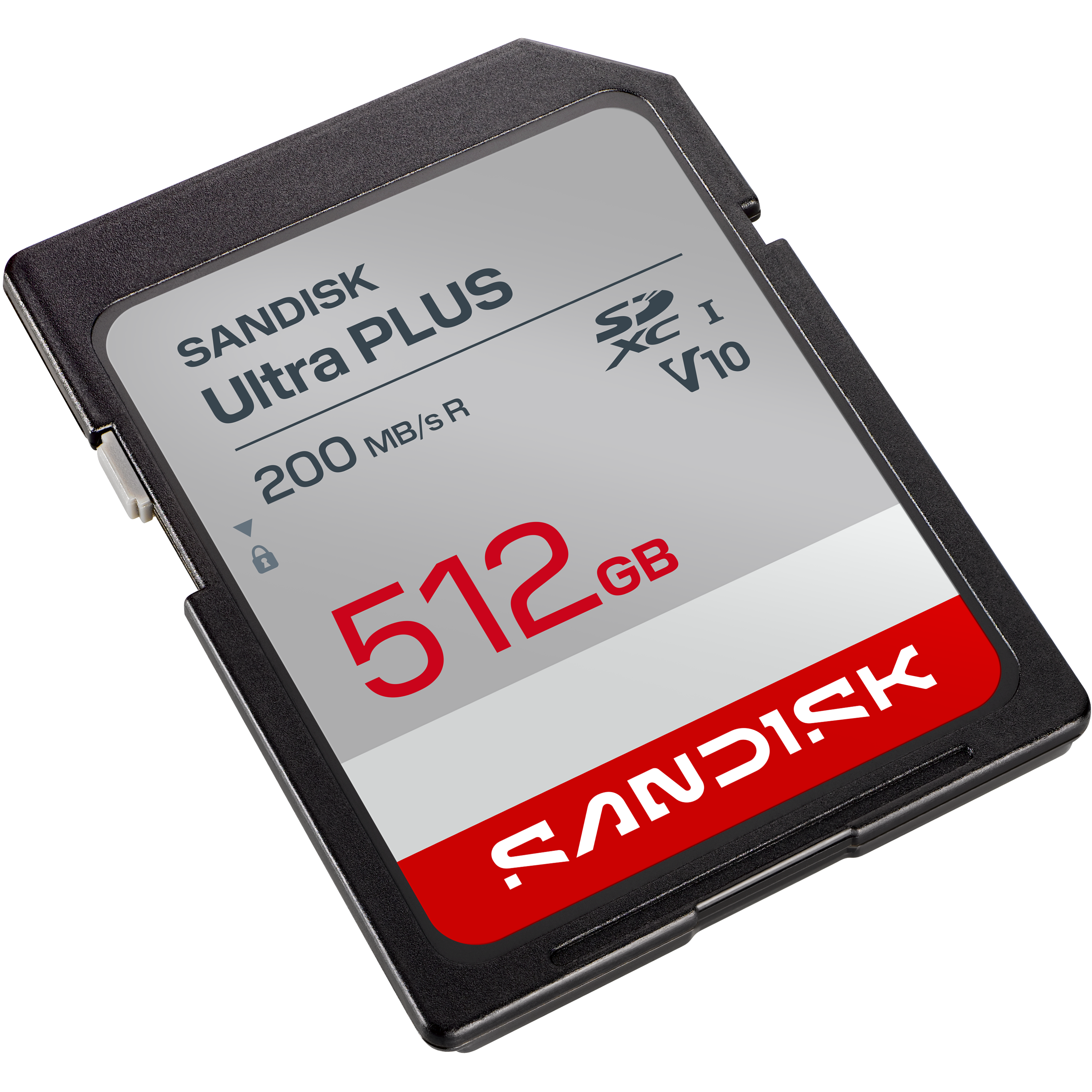 Sandisk Ultra Plus 512GB SD-Karte mit rotem und weißem Design auf schwarzem Hintergrund.