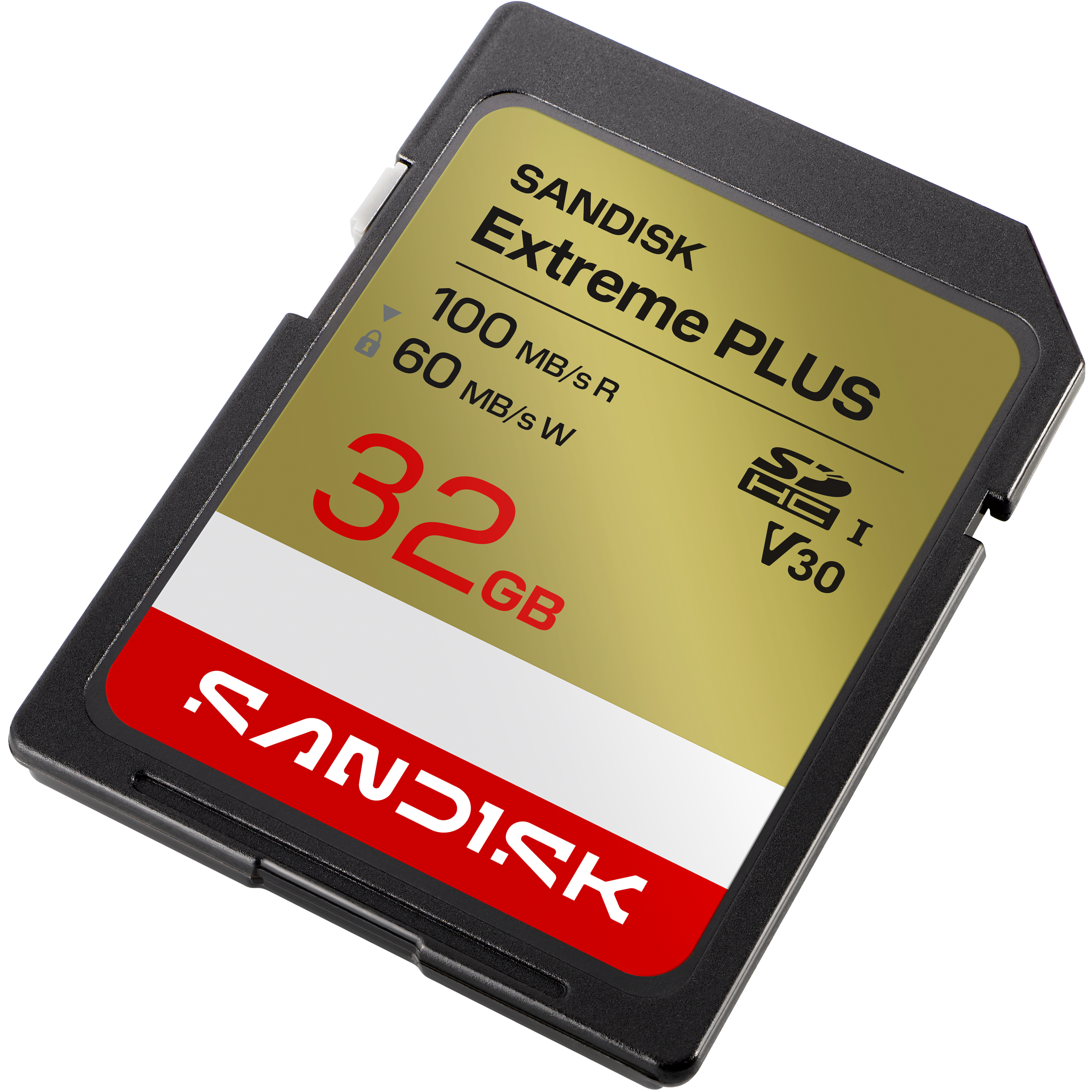 Sandisk Extreme Plus 32GB SD-Karte mit 100MB/s Lese- und 60MB/s Schreibgeschwindigkeit.