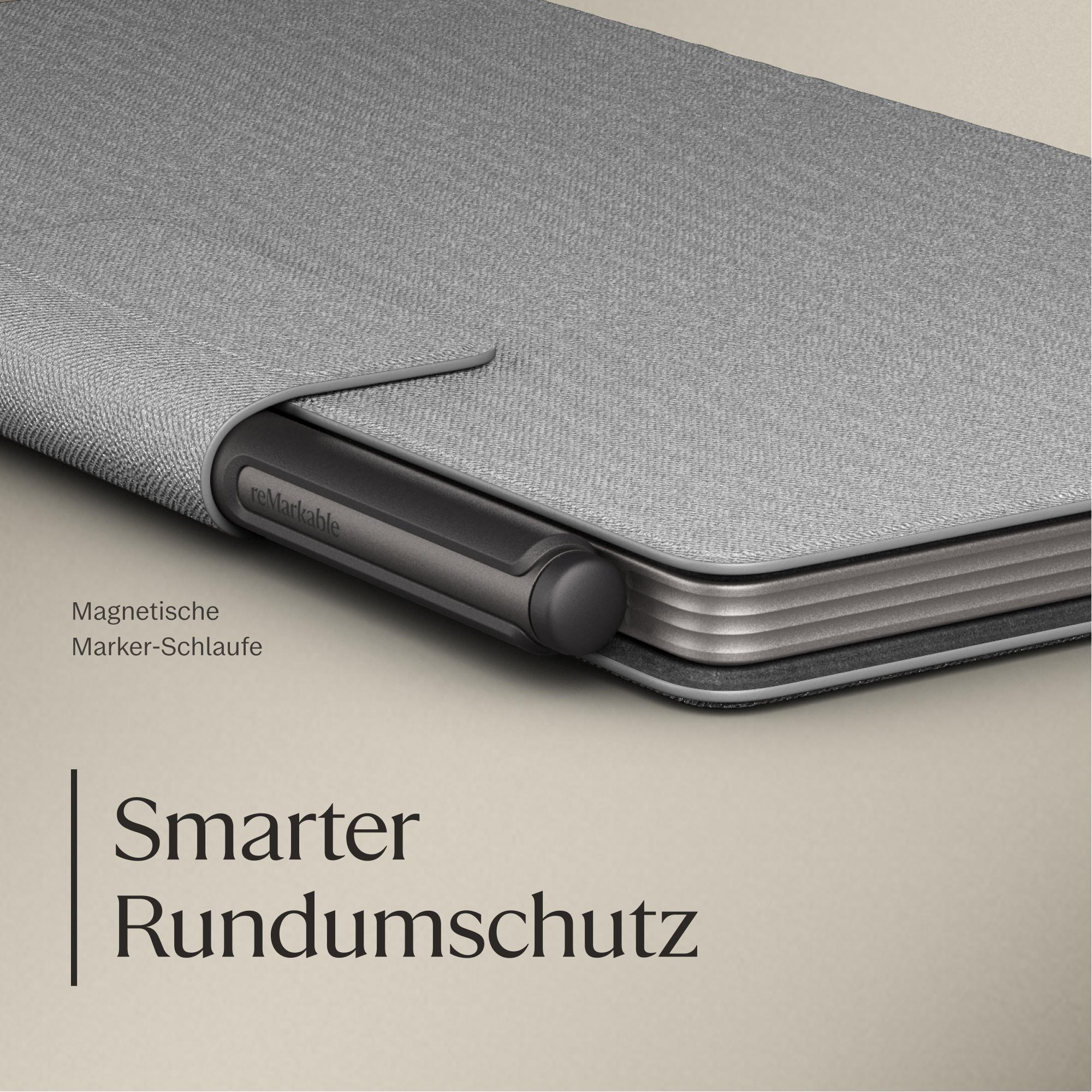 Graue Stoffhülle mit magnetischer Stifthalterung und "Remarkable" Logo.