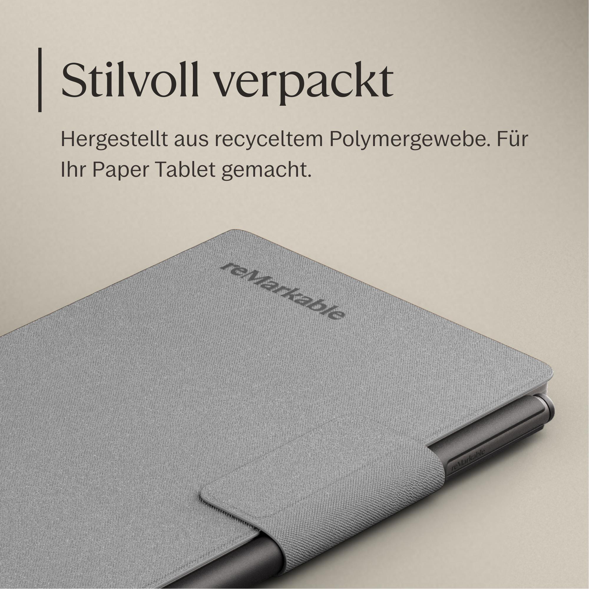 Graues reMarkable Tablet mit Stift in einem passenden Bezug.