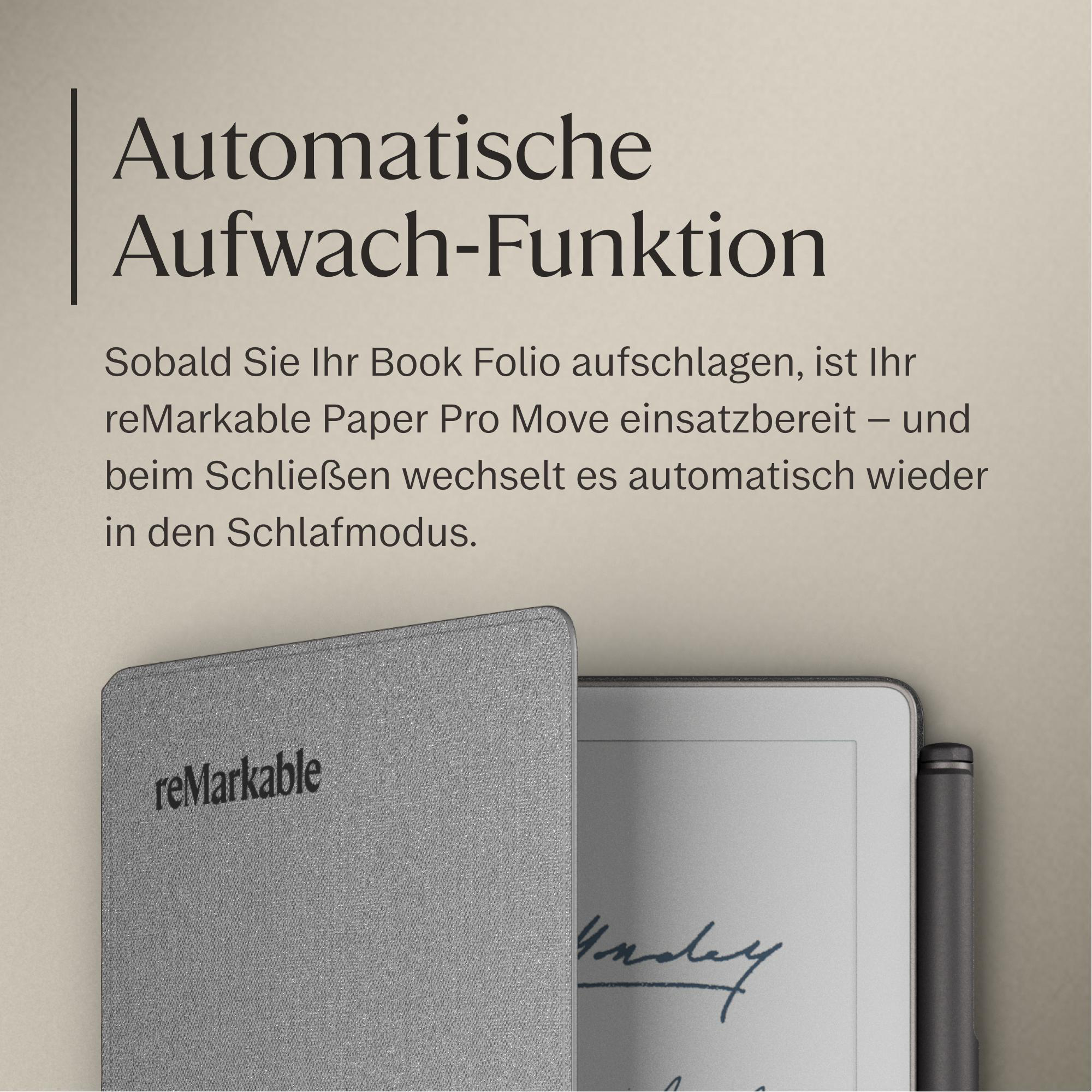 Ein graues reMarkable Book Folio öffnet ein Tablet mit Stift. Automatische Aufwachfunktion.