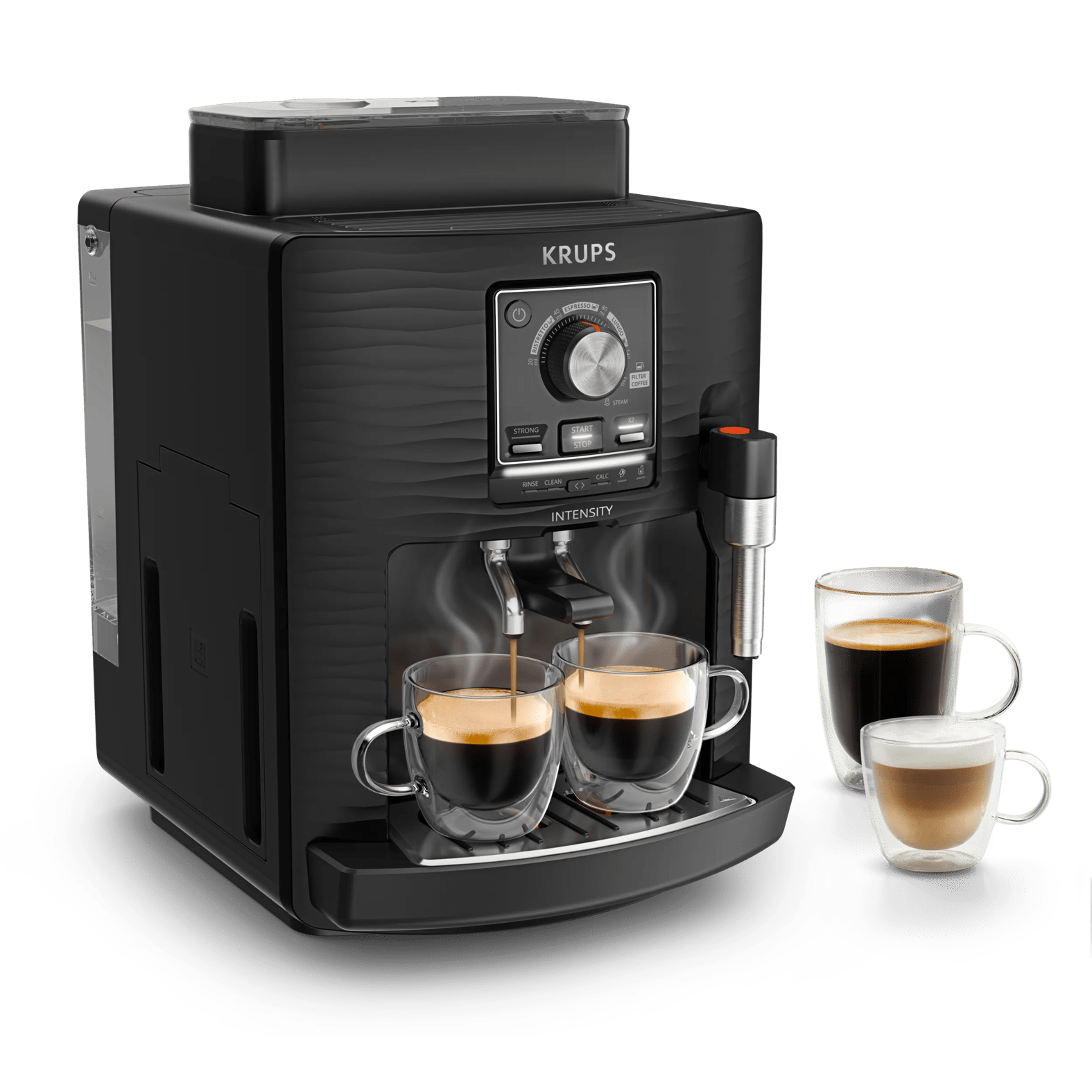 Schwarze Krups-Kaffeemaschine brüht zwei Espressi in Glasbecher. Drei Tassen Kaffee.