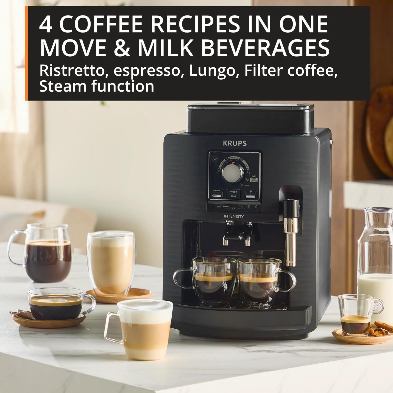 Eine Krups Kaffeemaschine mit verschiedenen Kaffees und Milchgetränken.