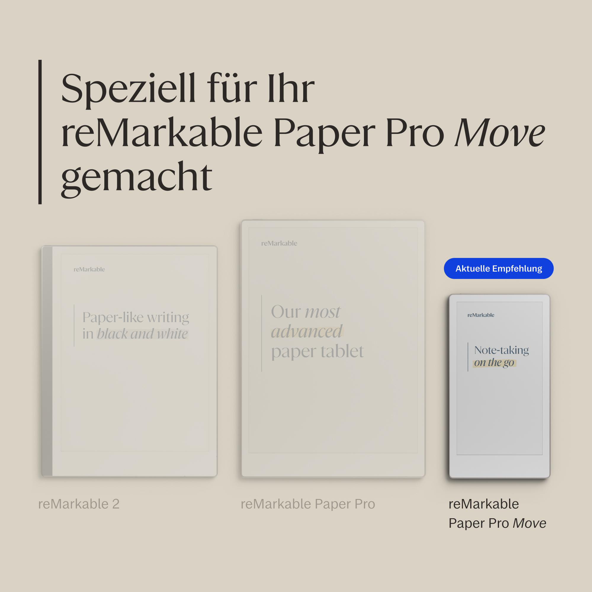 Drei reMarkable Tablets: reMarkable 2, Paper Pro und Paper Pro Move.