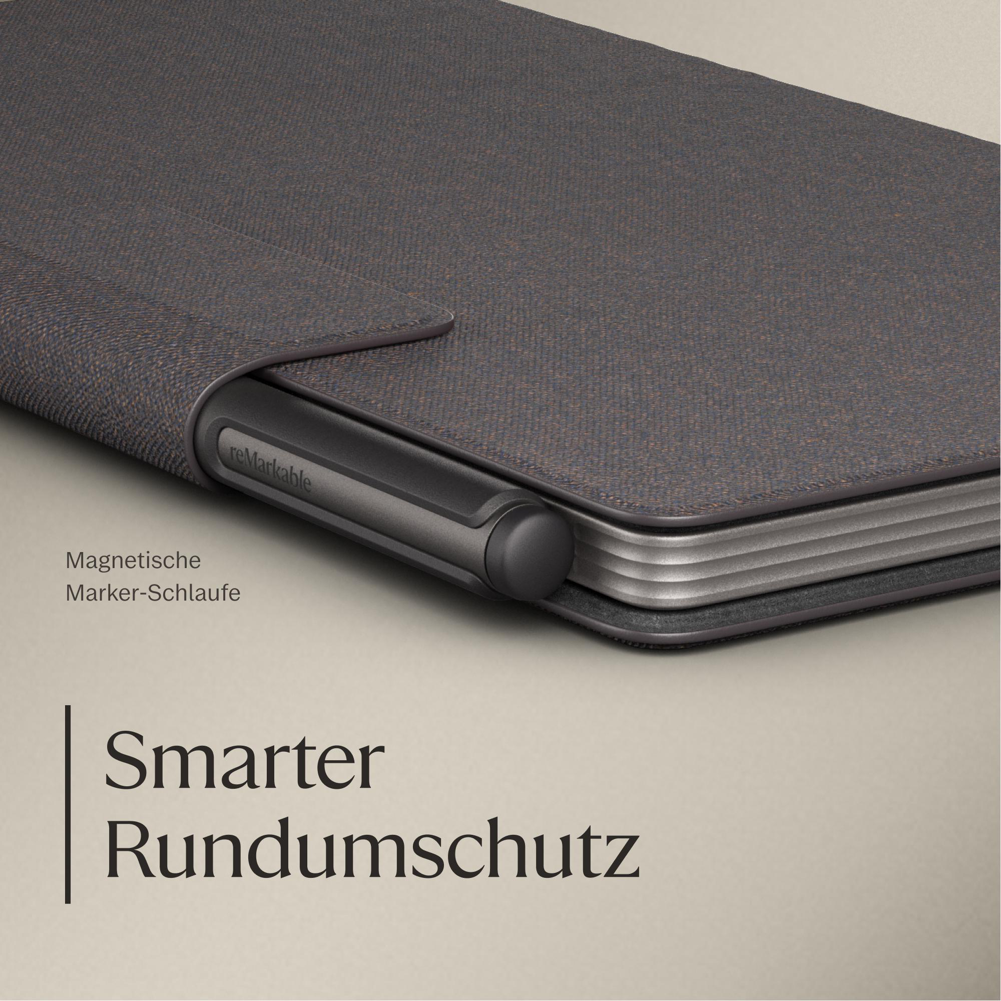 Graues Cover mit magnetischer Markerhalterung für das reMarkable Tablet.