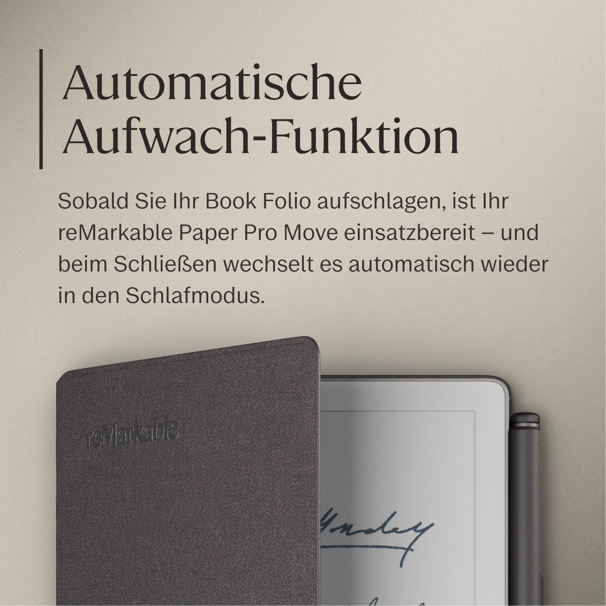 Ein graues reMarkable Folio mit einem Tablet und Stift. Automatische Aufwach-Funktion.