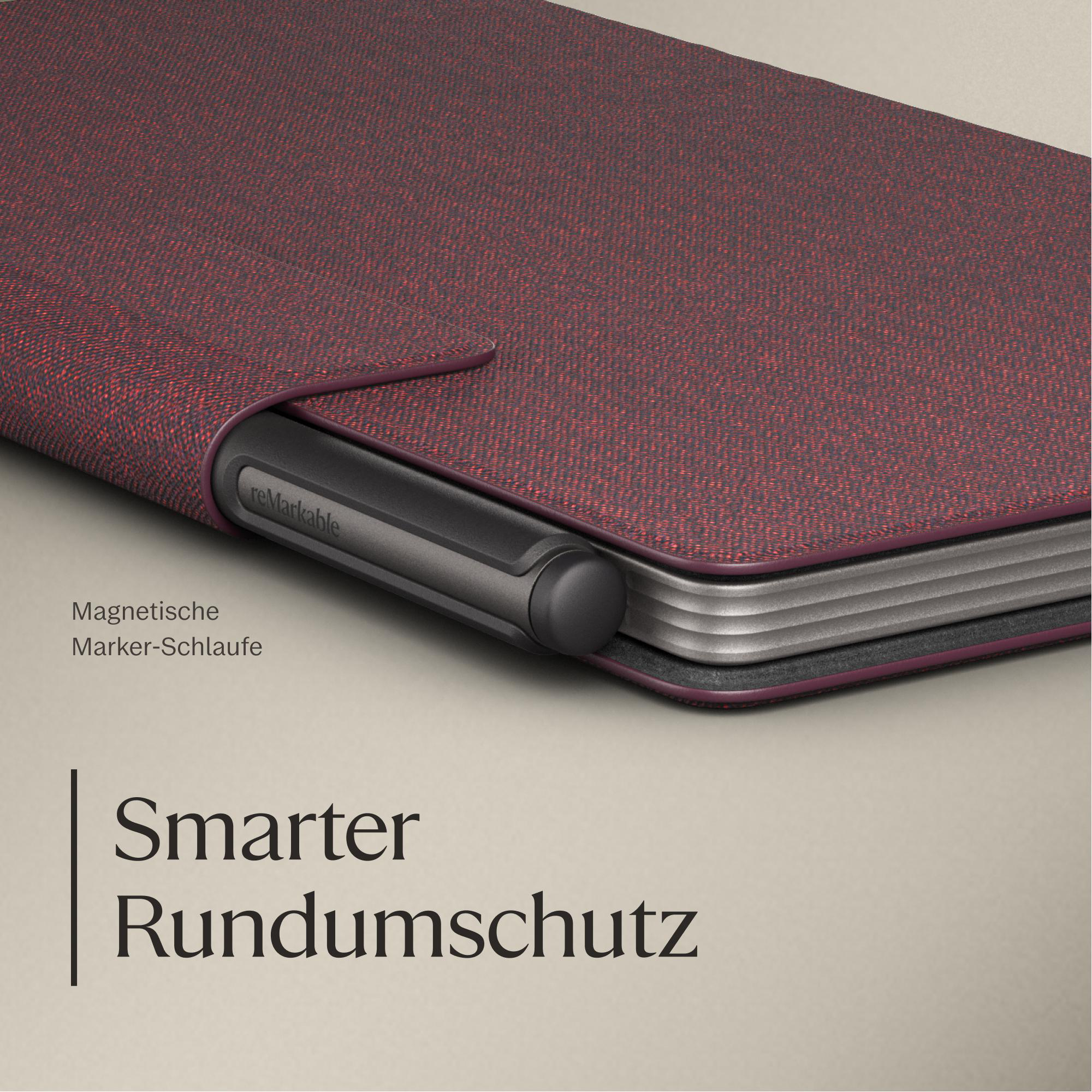 Ein rotes Etui mit Magnetlasche für einen Stift, auf einem beigen Hintergrund.