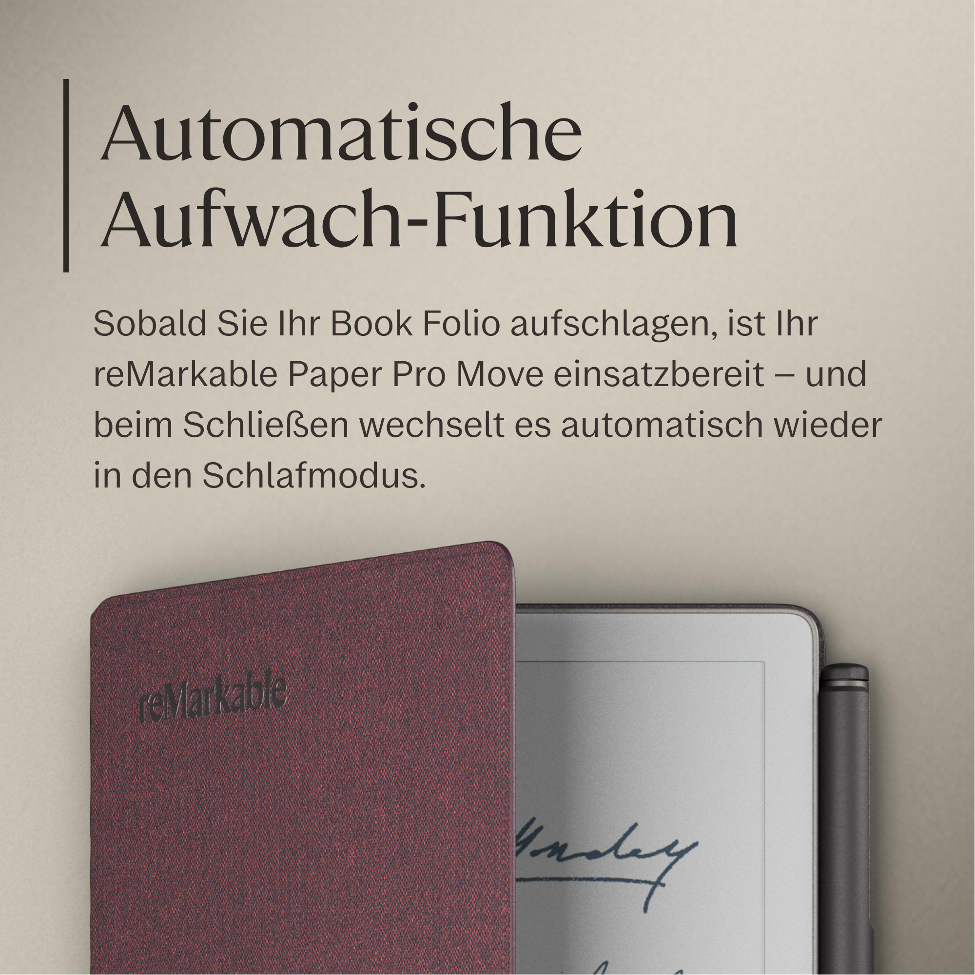 Ein rotes reMarkable Book Folio liegt neben einem Tablet mit Stift.