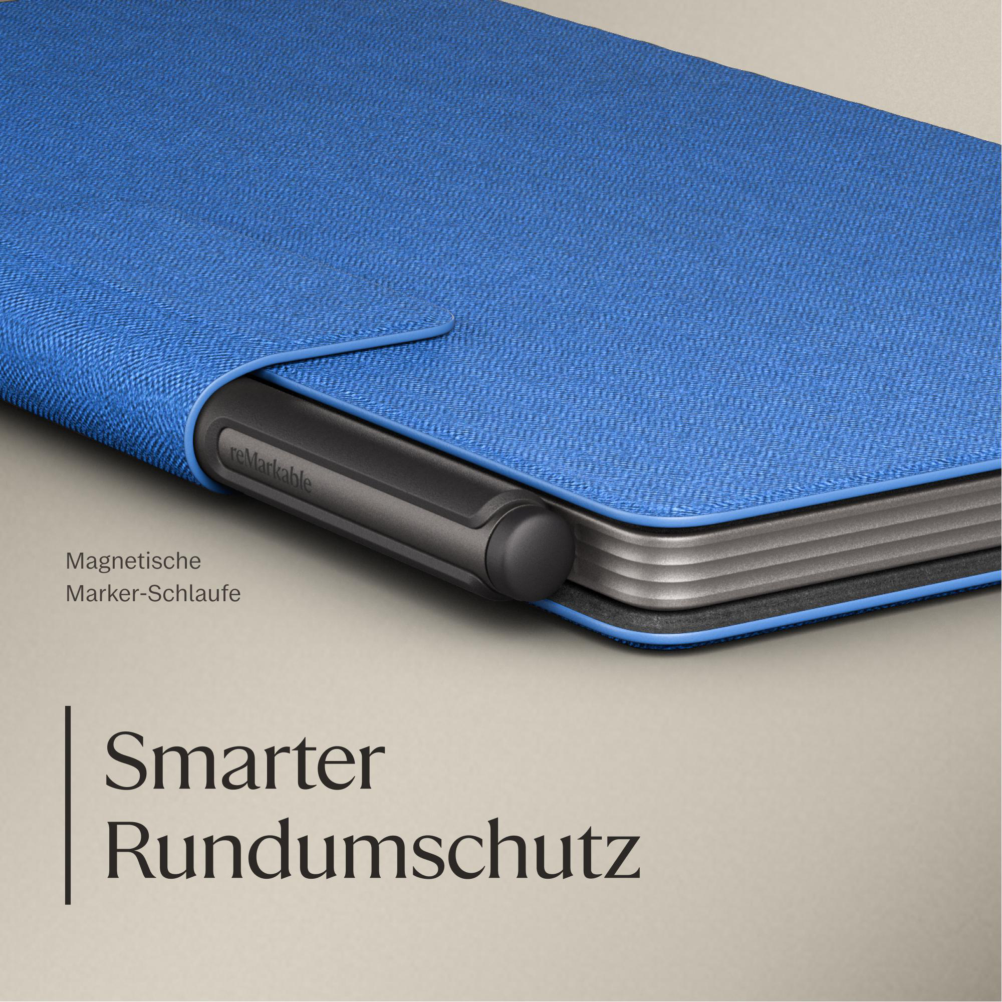 Blaue Hülle mit Magnetstreifen für Stift. Text: Smarter Rundumschutz.