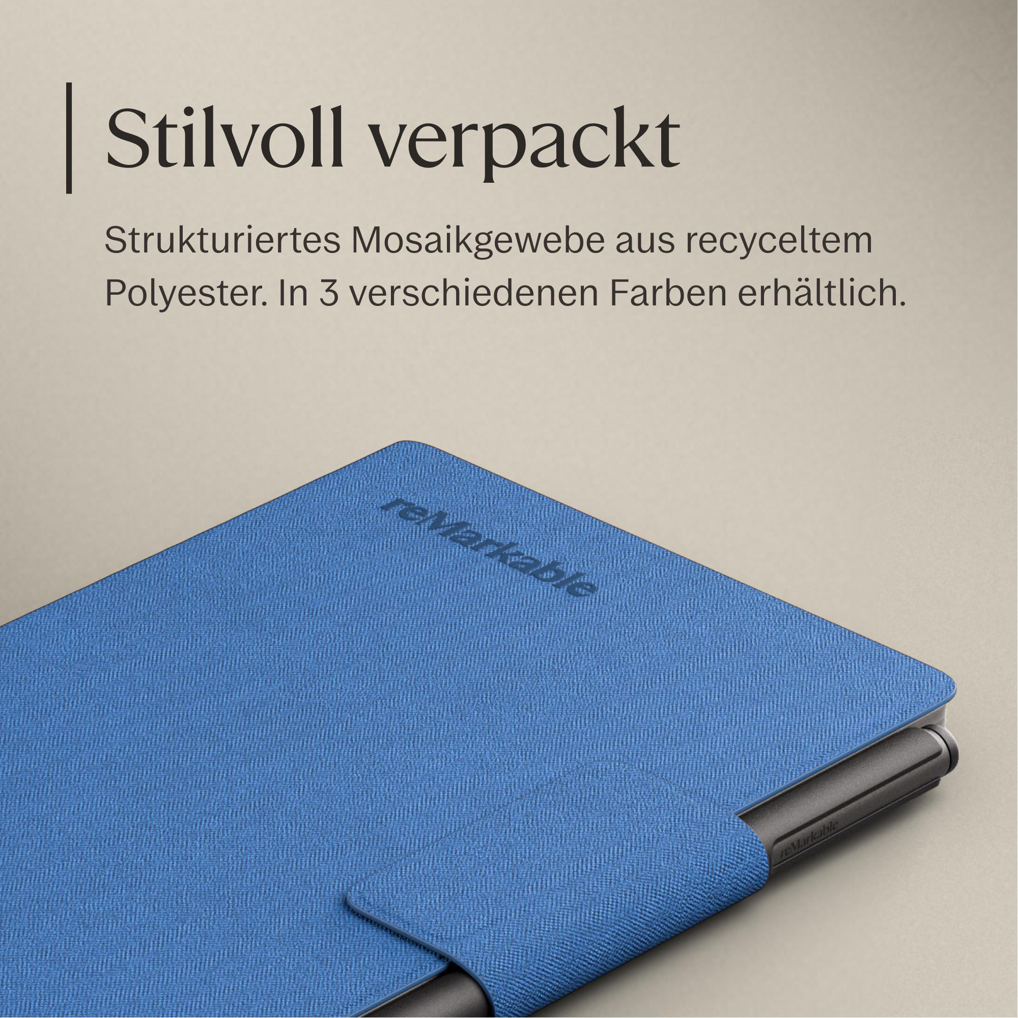 Eine blaue Hülle mit dem reMarkable-Logo für ein Tablet.