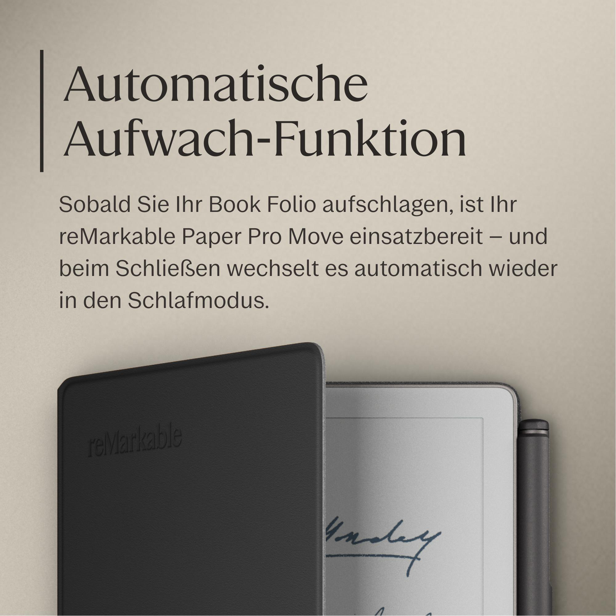 Ein schwarzes Buch-Folio mit einem reMarkable Paper Pro Move Tablet, das aufgeschlagen ist.