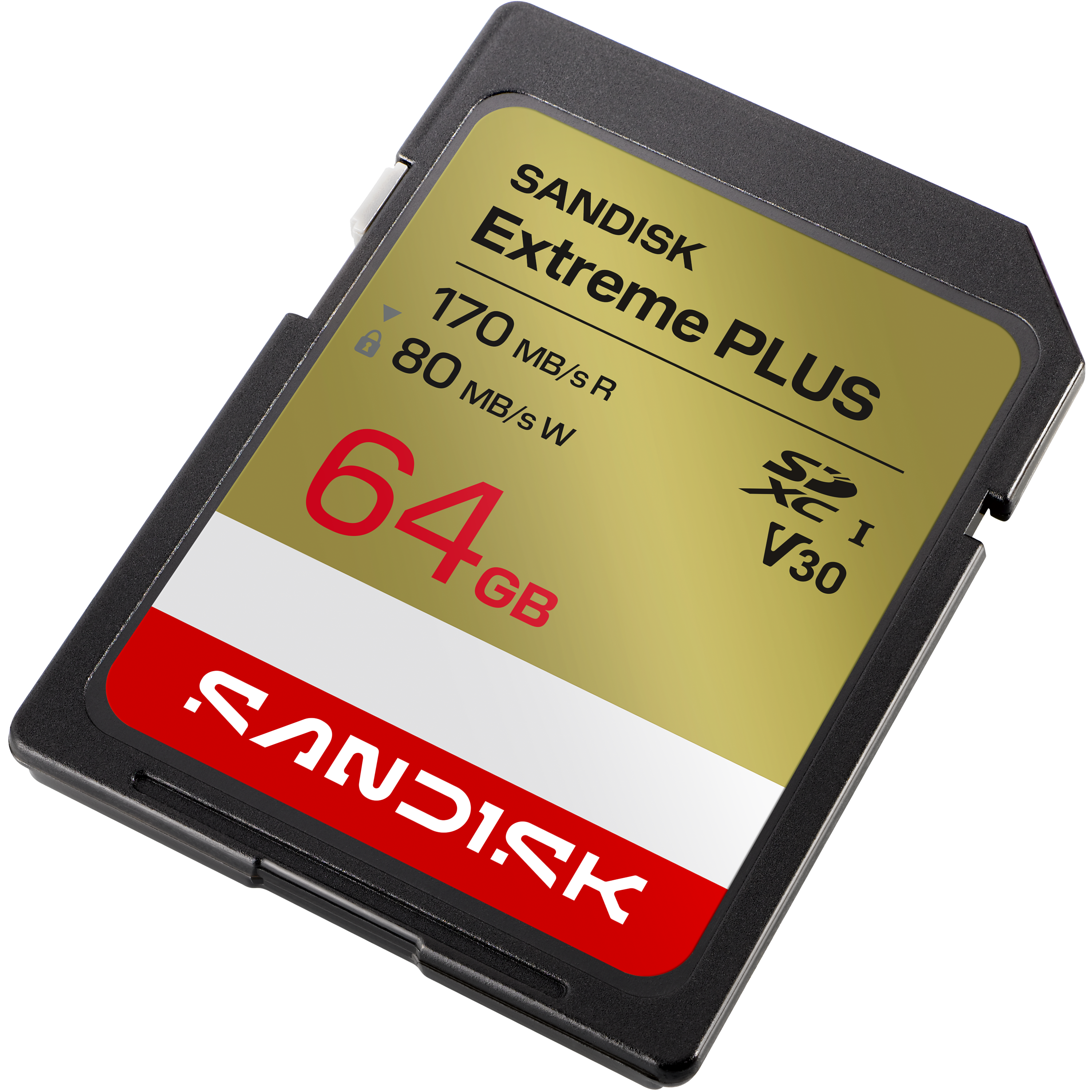 Sandisk Extreme PLUS 64GB SDXC Speicherkarte mit 170MB/s Lese- und 80MB/s Schreibgeschwindigkeit.