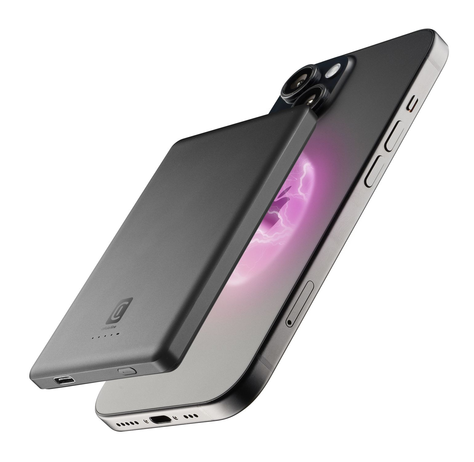 Un smartphone gris con batería acoplada, parte trasera blanca con puerto de carga.
