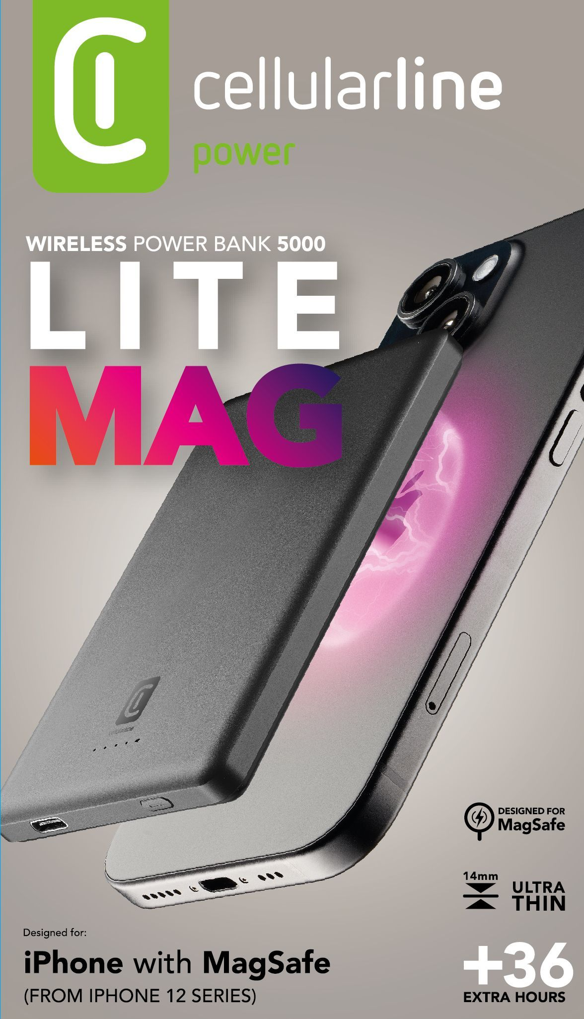 Embalaje powerbank CellularLine Lite Mag 5000 mAh para iPhone con MagSafe des del iPhone 12, ultrafino 14mm, hasta 36 h extra.