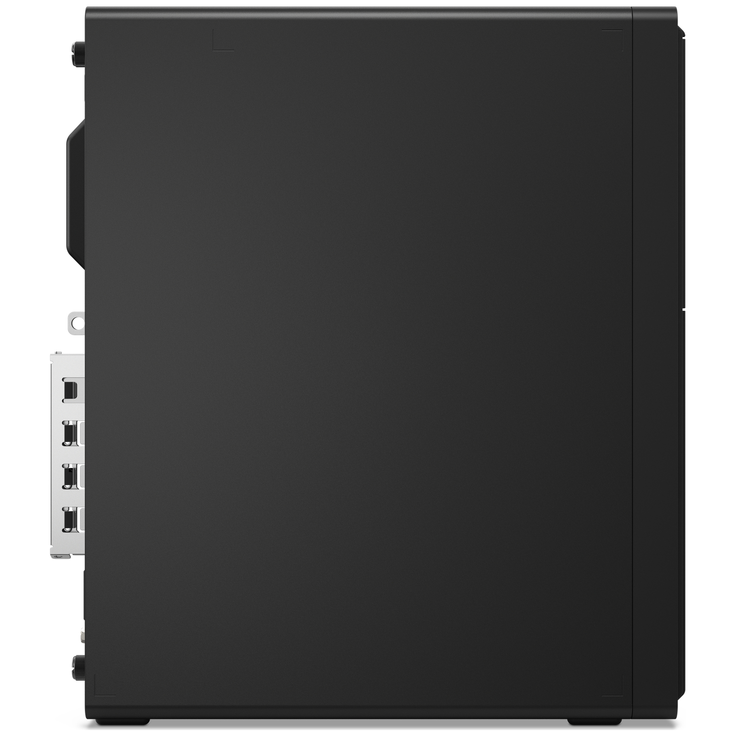 Black desktop computer viewed from the side, showing ports on the rear.
